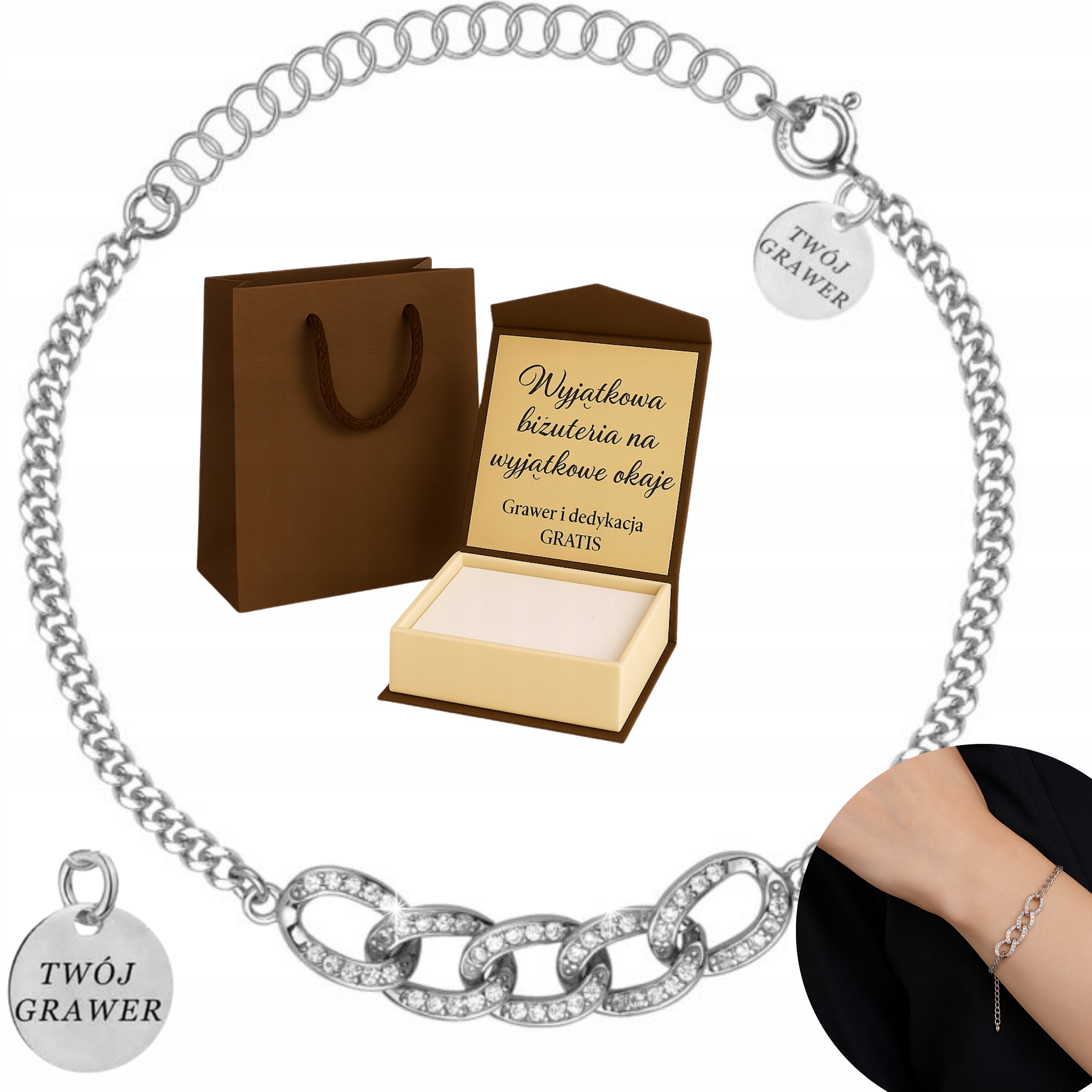 Dámský stříbrný náramek s rhodiem, ryzost 925, s Zirkony a Gravírování Bonus