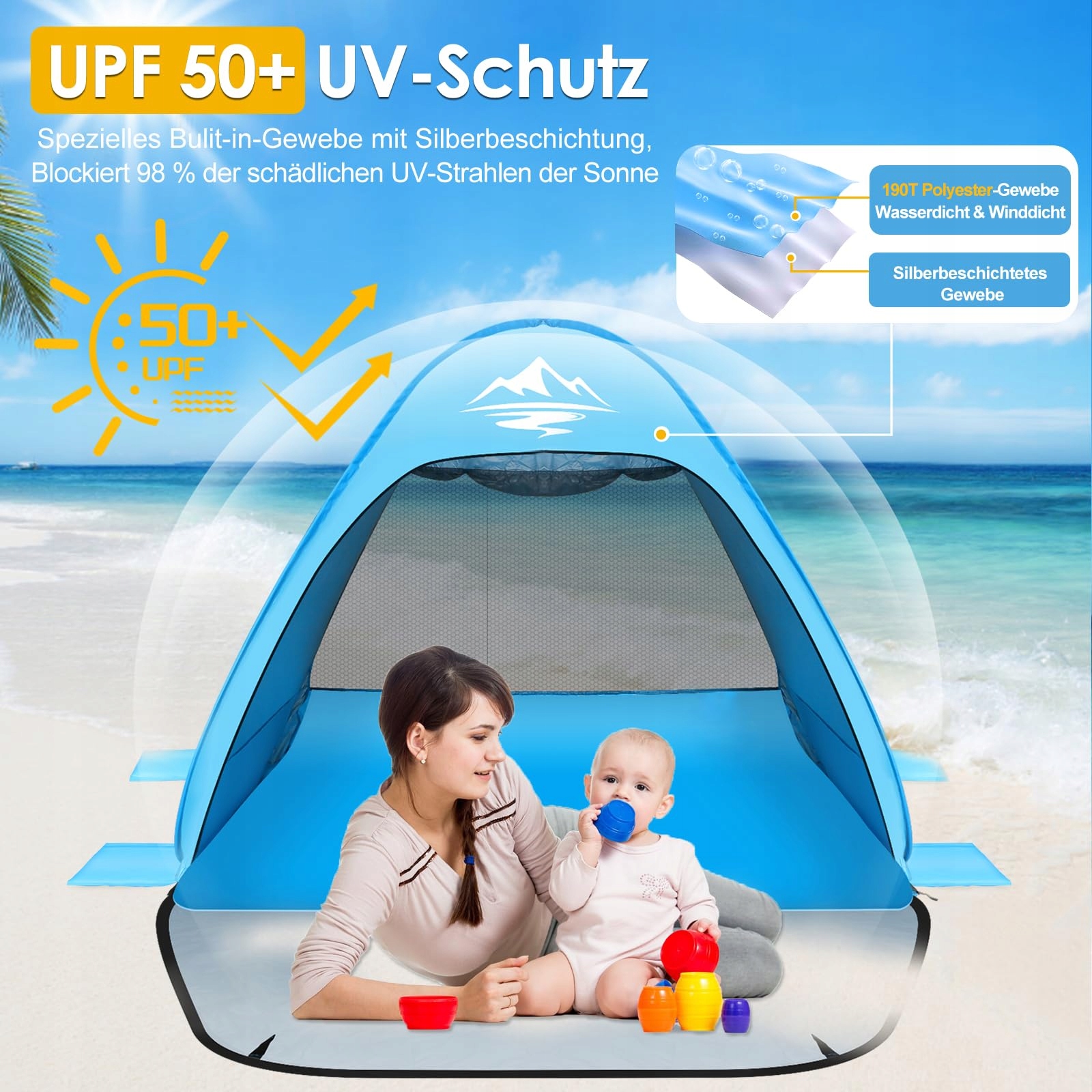 MAXDONE Namiot Plażowy Pop Up Dla 2-3 Osób UV50+ Lekki Przenośny — miniatura 2