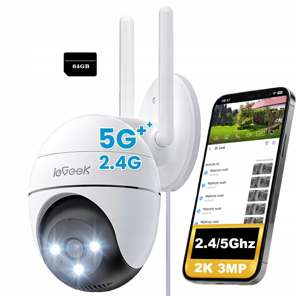 Obrotowa Kamera Zewnętrzna 3MPx 2K Ultra Hd Ip WiFi 4xZOOM Detekcja Z 64GB