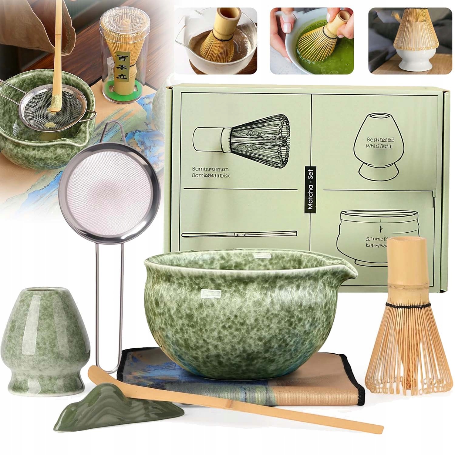 Zestaw Prezentowy Do Herbaty Matcha Misa Miotełka Podstawka Łyżeczka 7w1