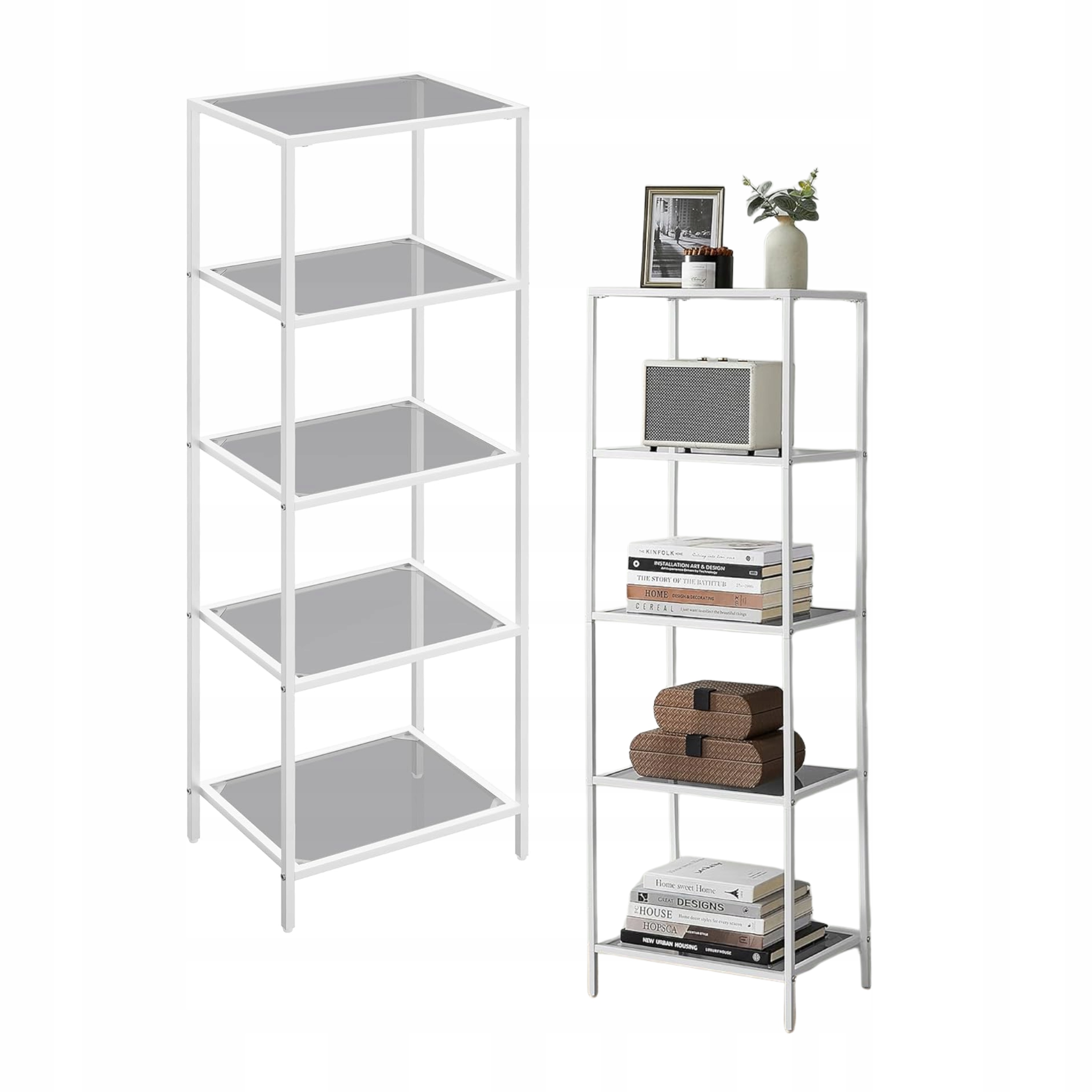 Skrinka Regál Sklenená Šedo-biela 5 políc Obývacia izba Kúpeľňa Kuchyňa Kancelária