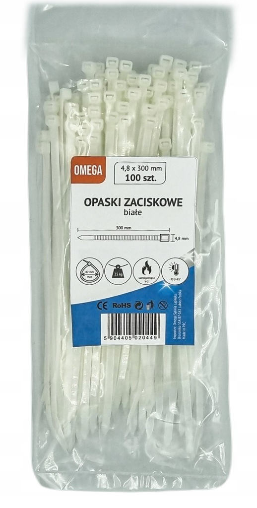 Opaski Zaciskowe Trytki Białe 100 Szt 4,8x300