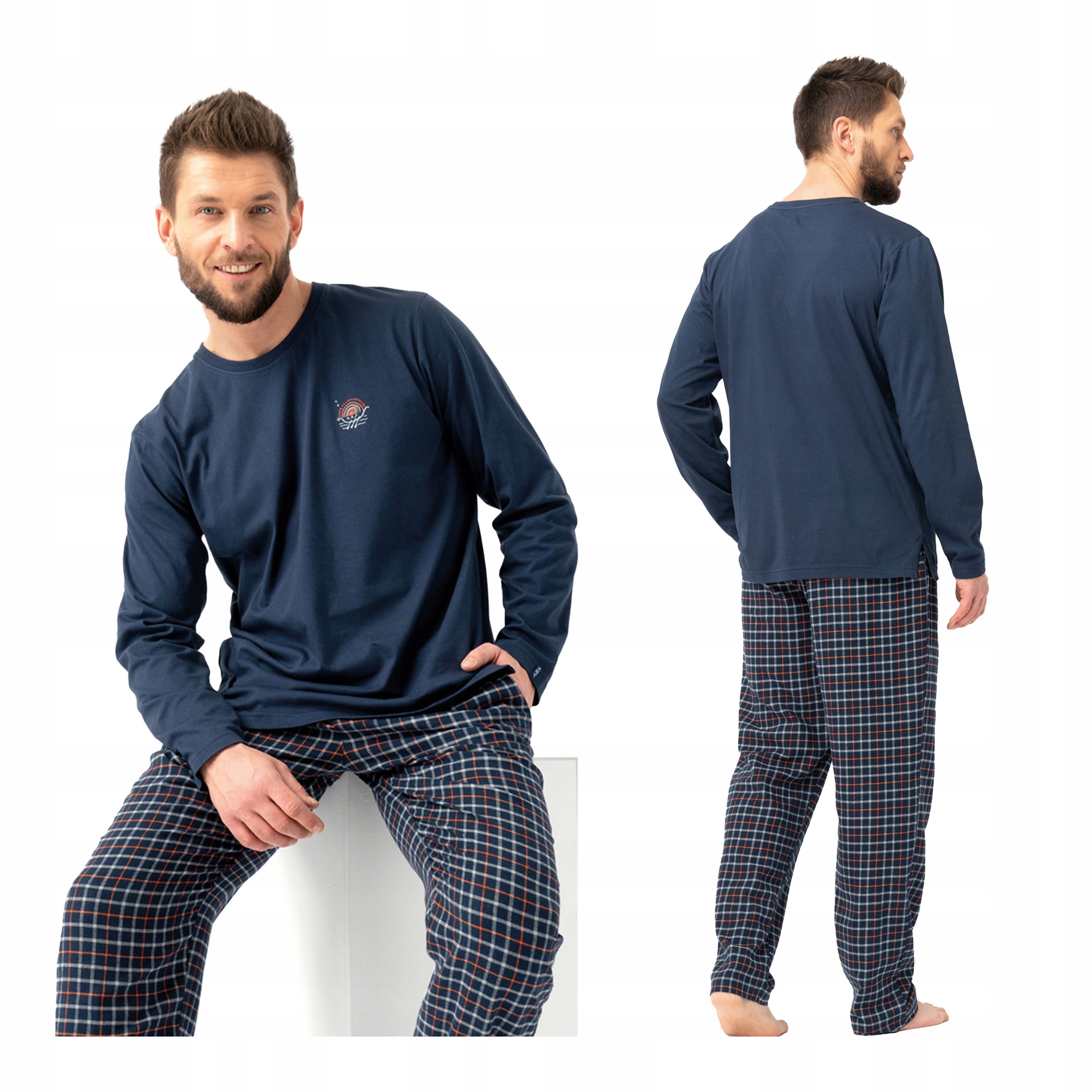Pánské bavlněné flanelové pyžamo s dlouhým rukávem a kalhotami Key XL