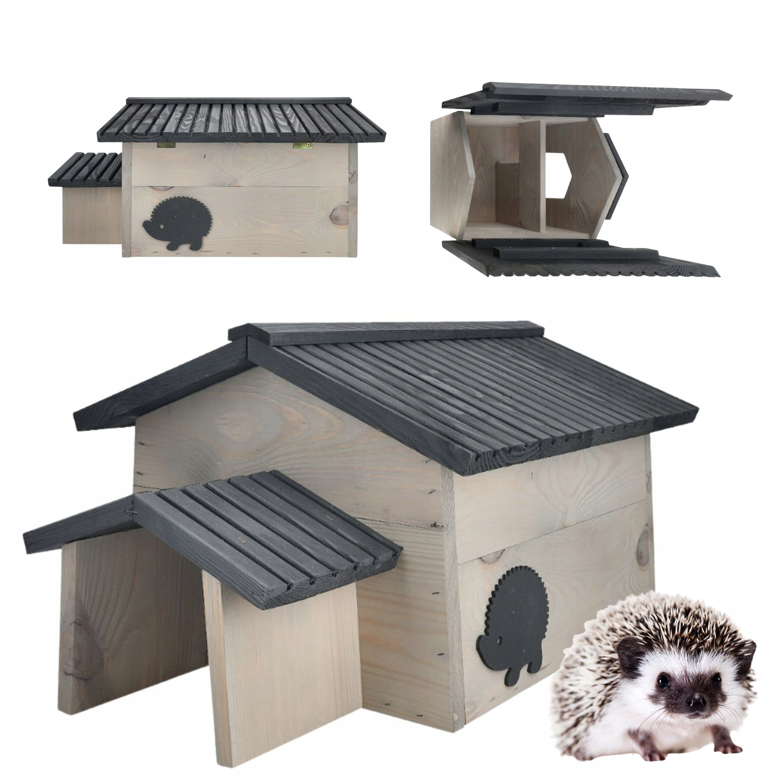 Domek dla Jeża Duży Drewniany Mocny Schronienie Uchylny Dach 55x38x28cm