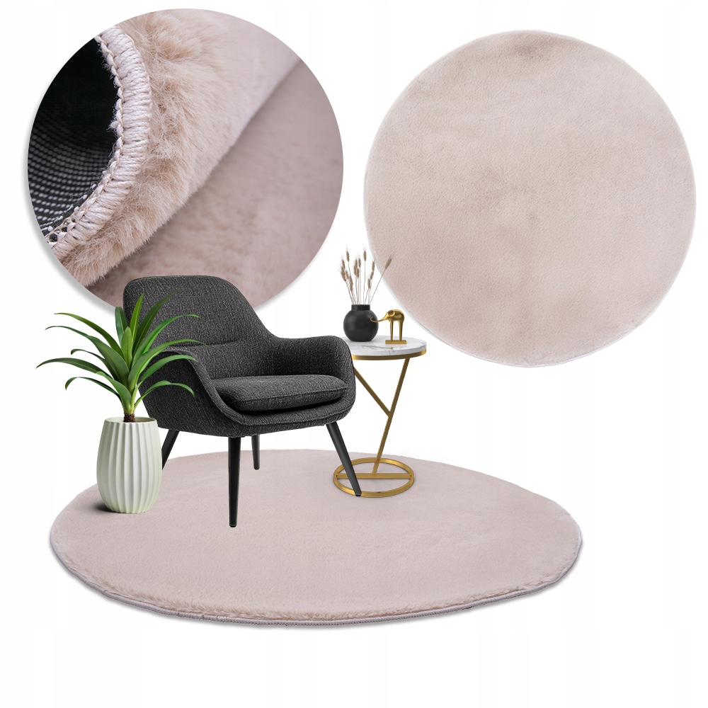 kulatý králičí Koberec 100x100 Plush béžový moderní koberec Soft