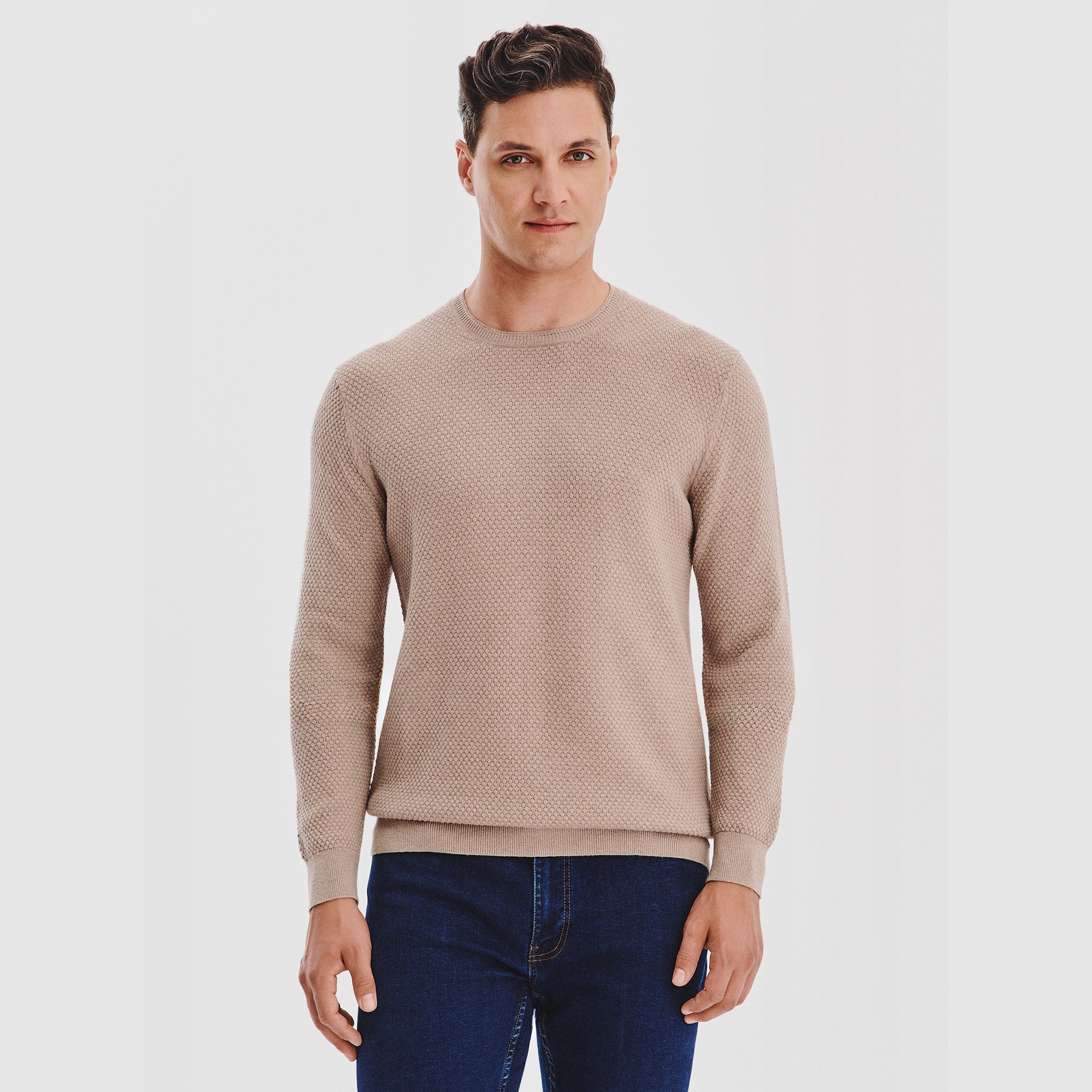 Béžový strukturovaný pánský svetr s vlnou Pako Lorente vel XXL