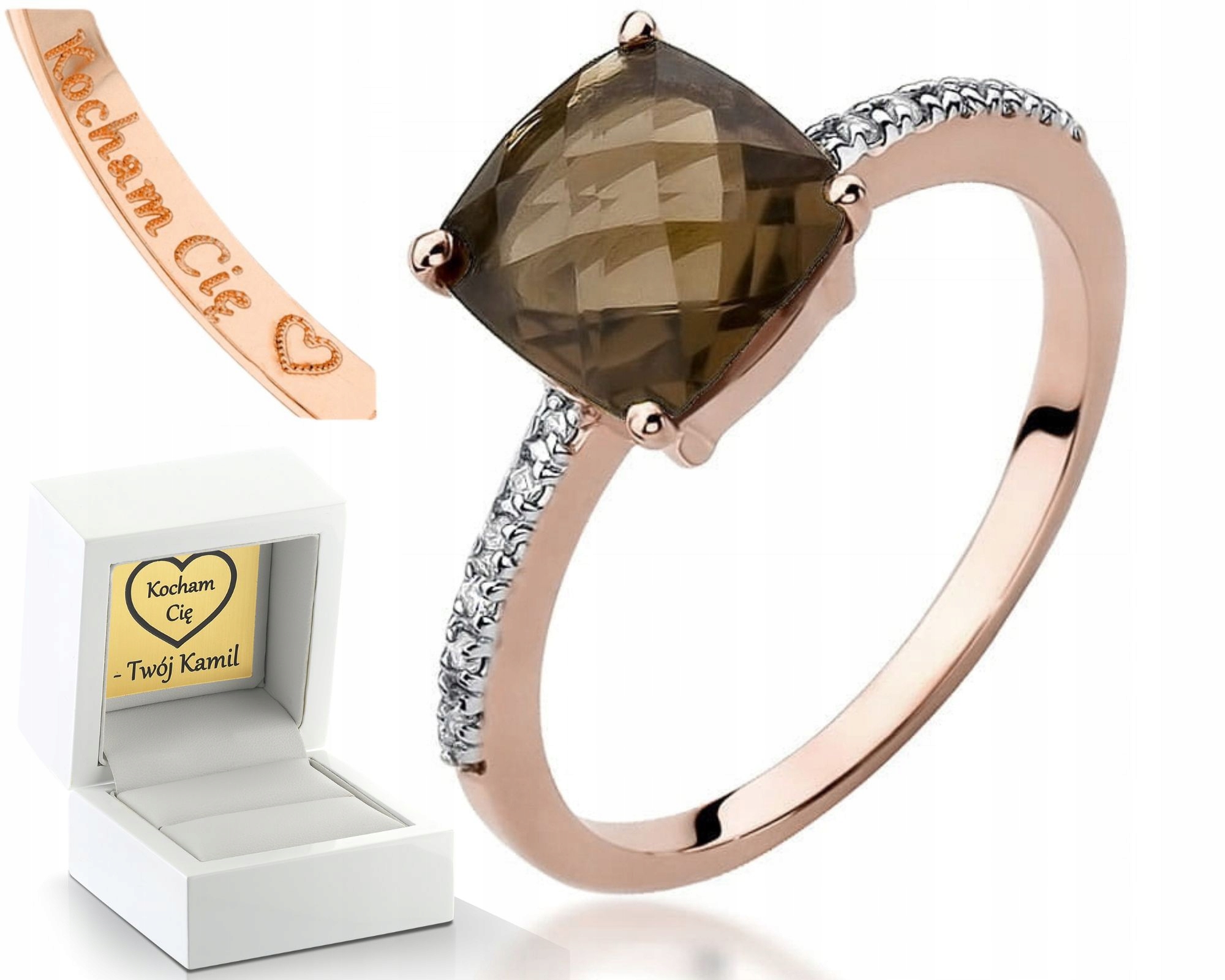 Růžové Zlato Prstýnek Kouřový Křemen Briliant Gravírování 585 Bonus Dárek