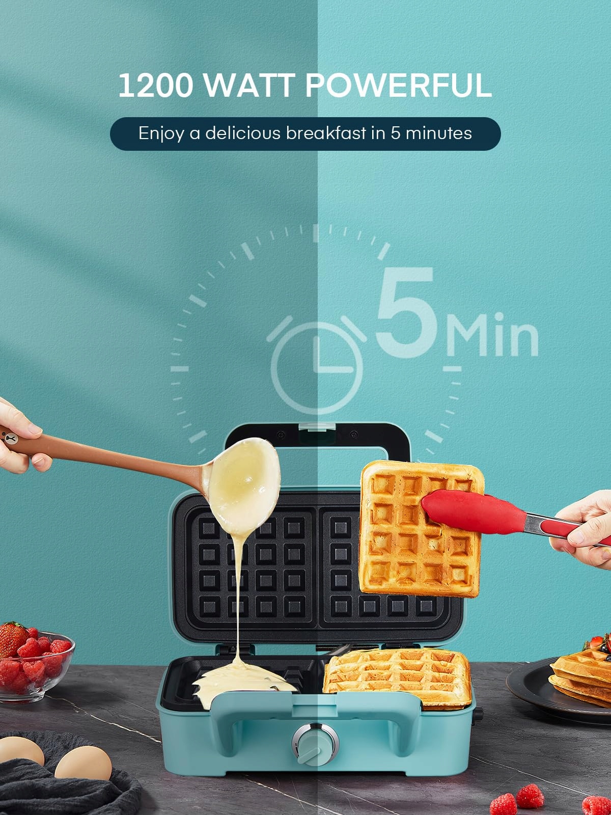 FOHERE Opiekacz 3w1 1200W Gofrownica Grill Kanapki Niebieski — miniatura 2