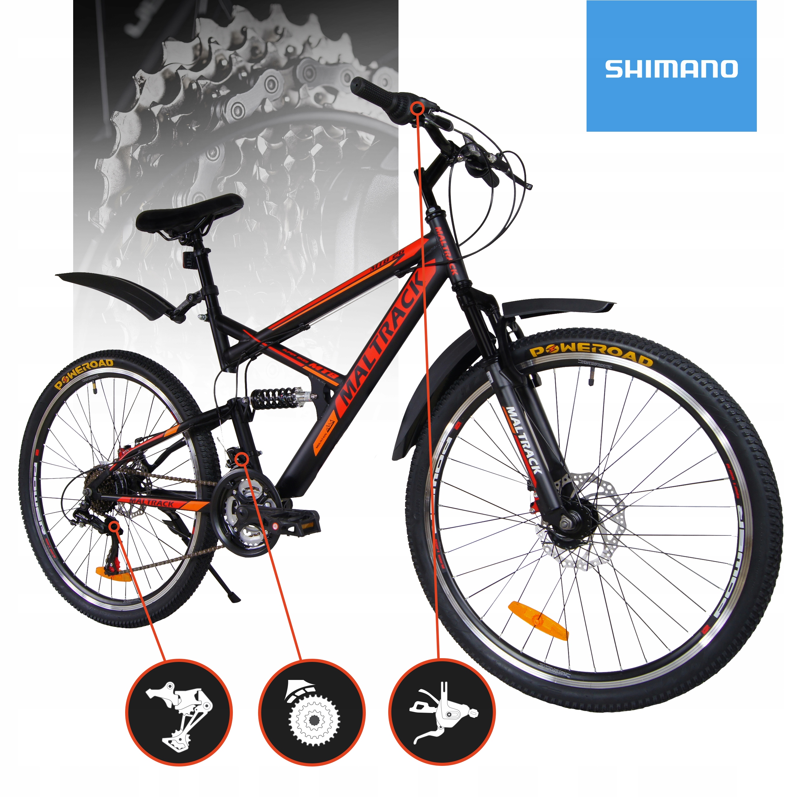 MTB ГІРСЬКИЙ ВЕЛОСИПЕД SHIMANO Амортизатори 26'' ПЛЯШКОВІ КРИЛА 18 ПЕРЕДАЧ Бренд MalTrack