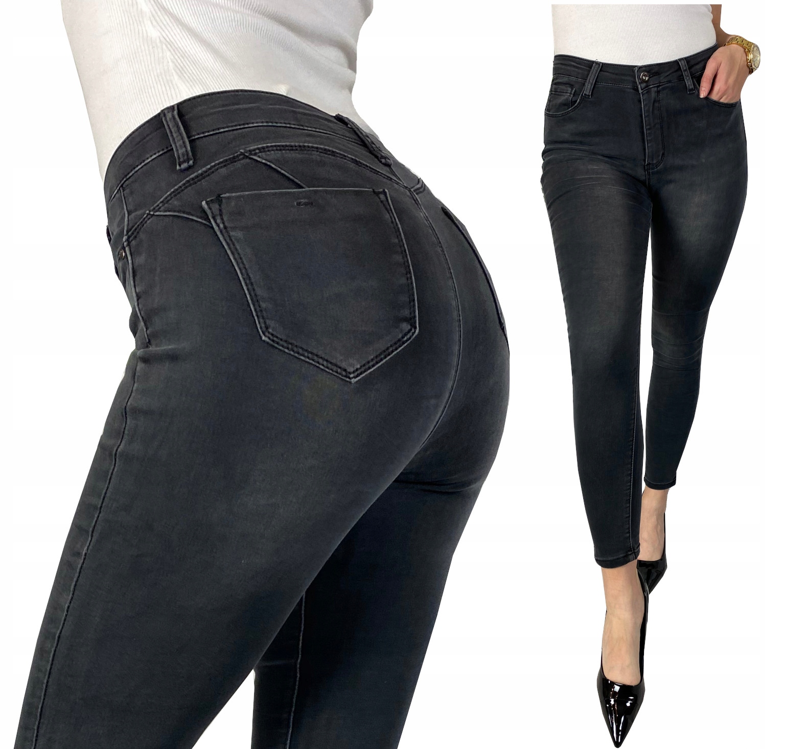 

Jeansy Damskie Wysoki Stan Push Up Szare 38 M