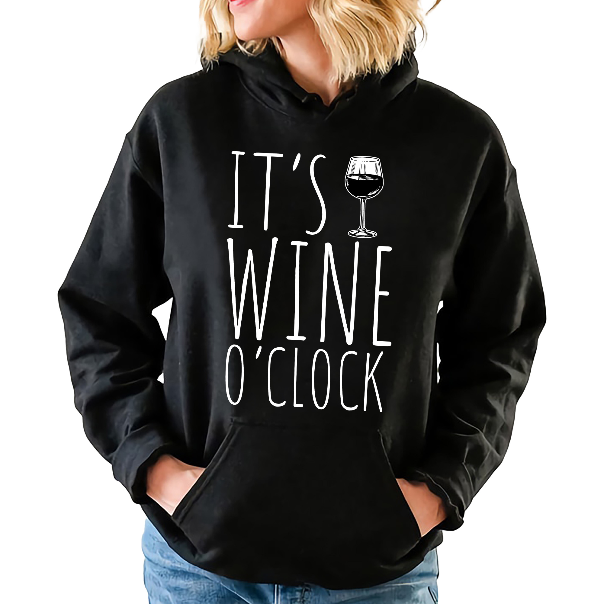 Černá mikina s kapucí Dárek pro ženy Wine O'Clock Velikost S