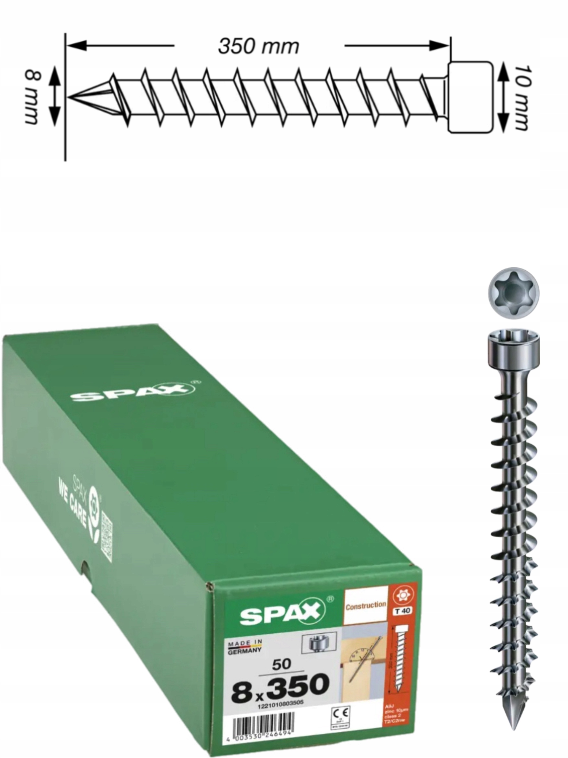 Skrutky Wirox do konštrukcie s plným závitom valca spax 8 x 350 mm, 50 ks