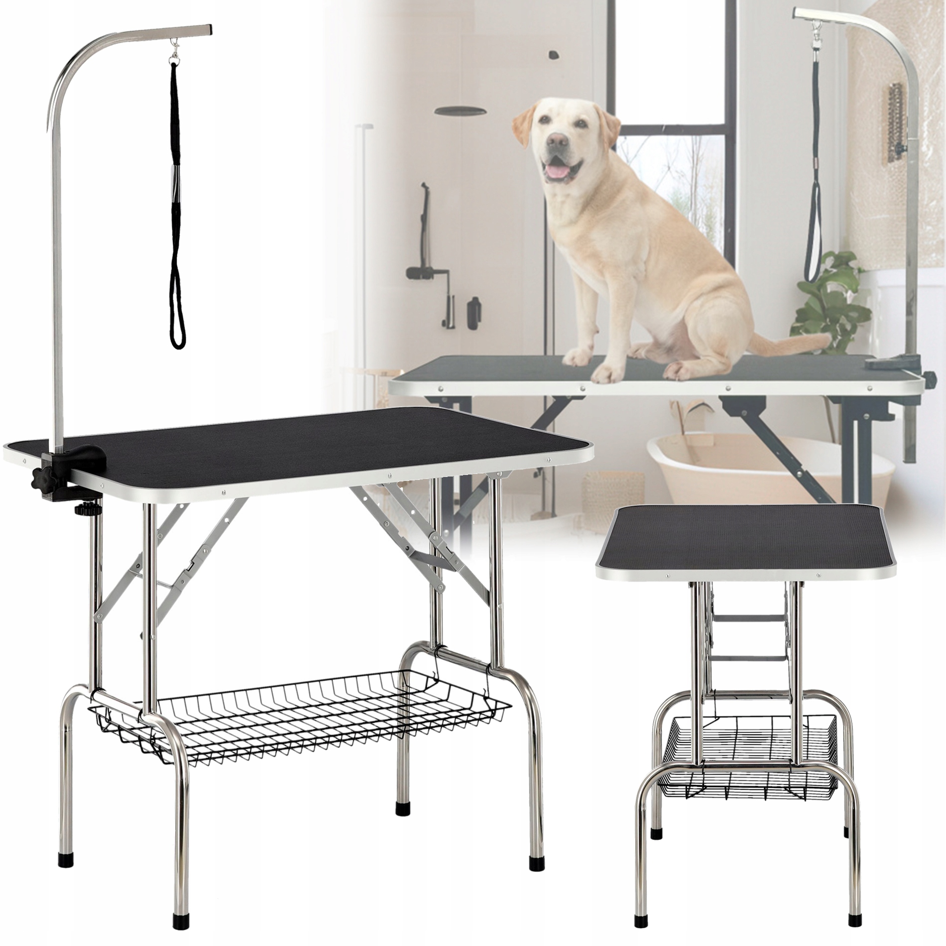 Levně Groomerský stůl veterinární zastřihovač vodítko s protiskluzovou deskou koše