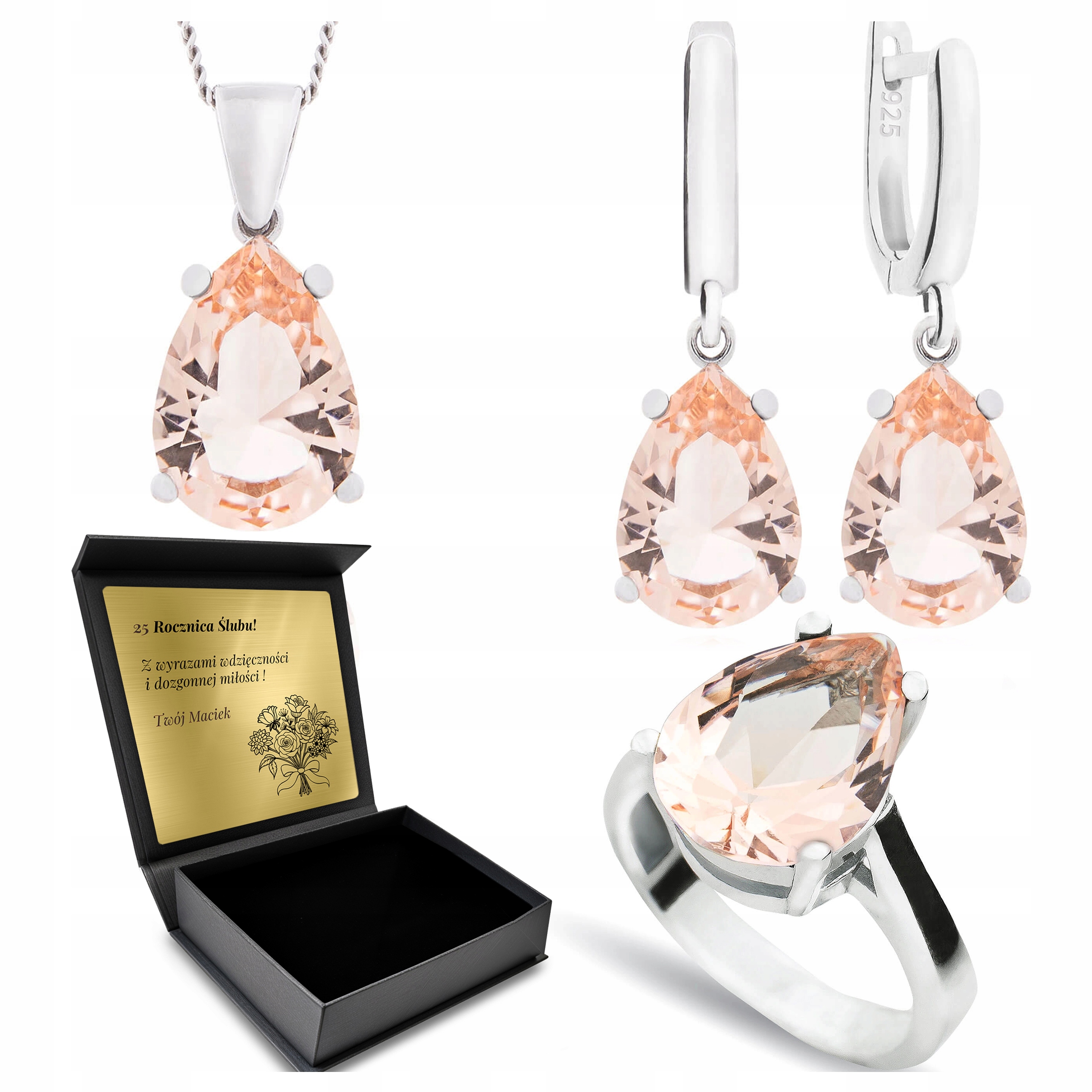 Sada Stříbrných Šperků 925 S Morganitem Sada Pro Ženu Gravírování