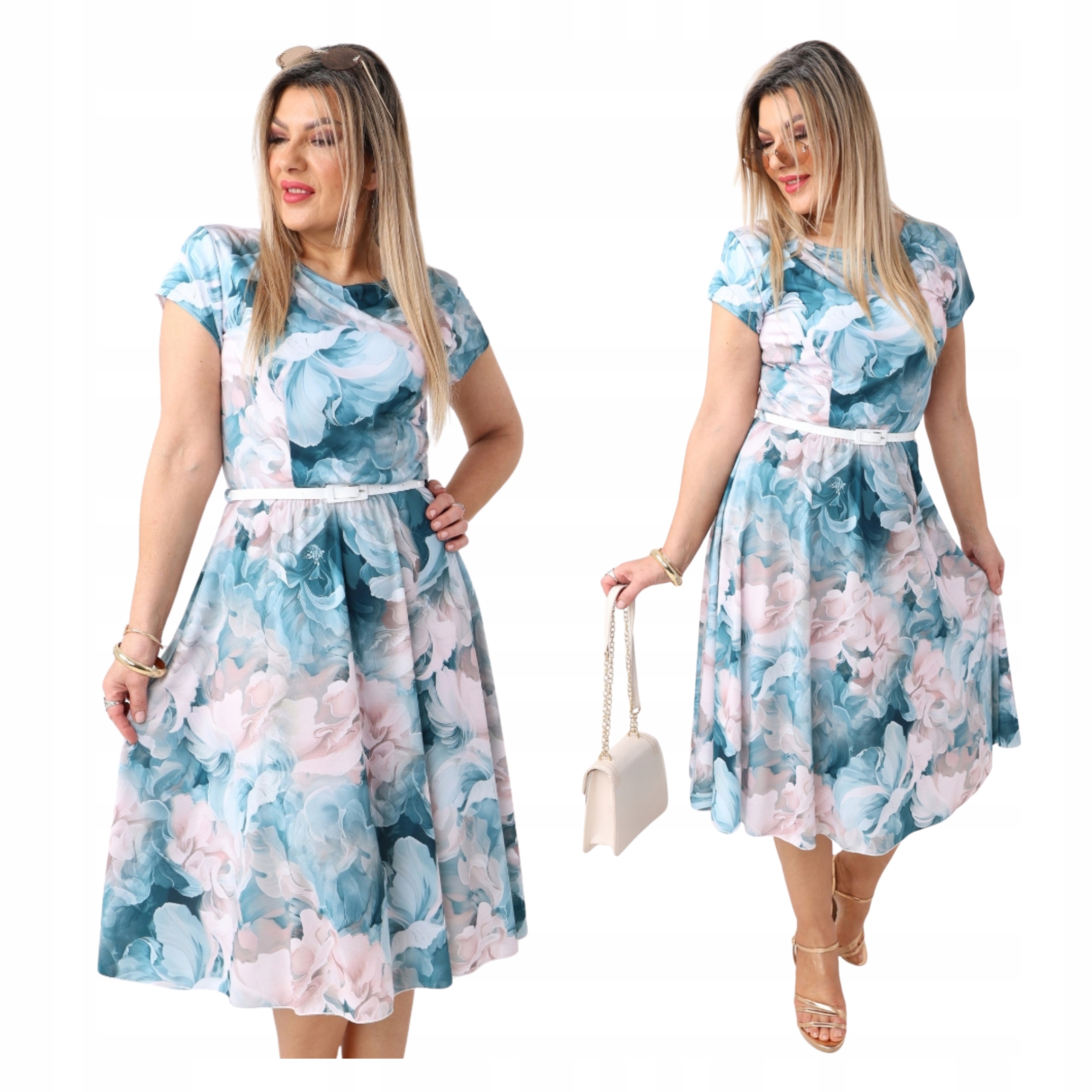 Sukienka rozkloszowana midi wizytowa Polski Producent duże rozmiary pasek