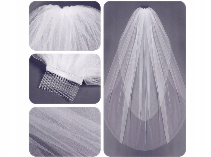 Welon Biały Ślubny Podwójny Grzebyk Tiul Materiał dominujący tiul