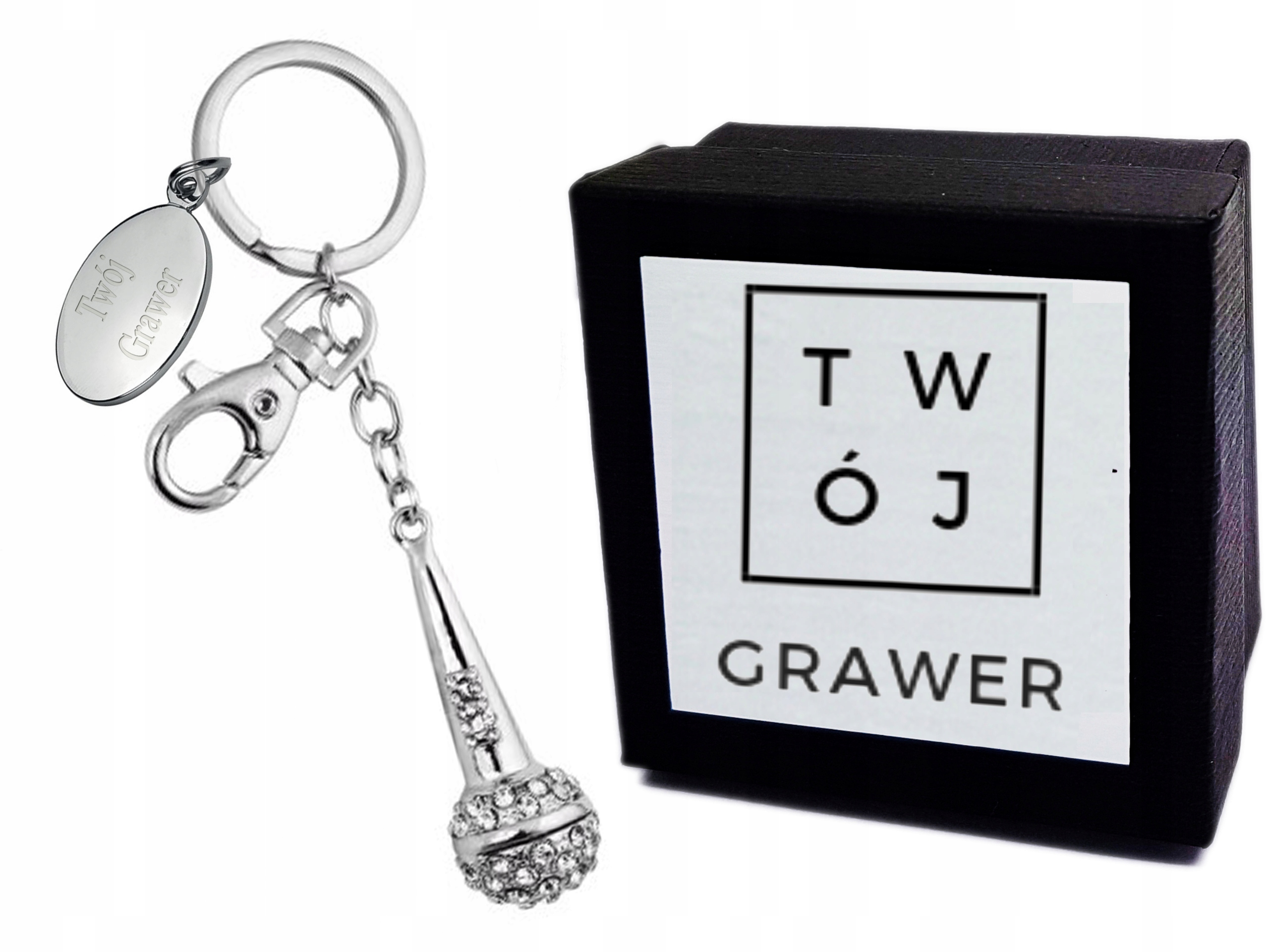 Brelok Metalowy Mikrofon do Kluczy Grawer + ETUI
