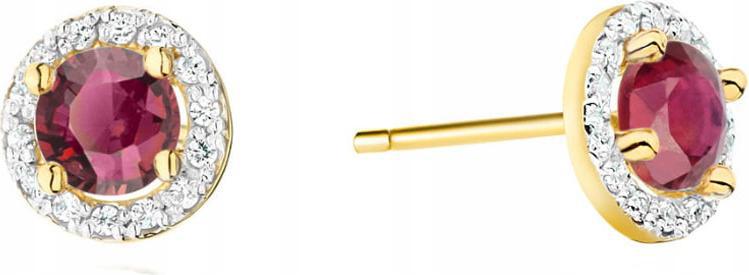 Zlaté náušnice 585 kroužky s diamanty a rubínem, elegantní design pro ni
