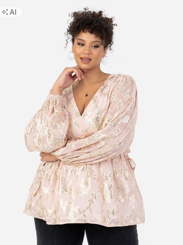 Lovedrobe Růžová Zlatá Žakárová Halenka, Výstřih Do V A Rukávy Plus Size 46 7DA