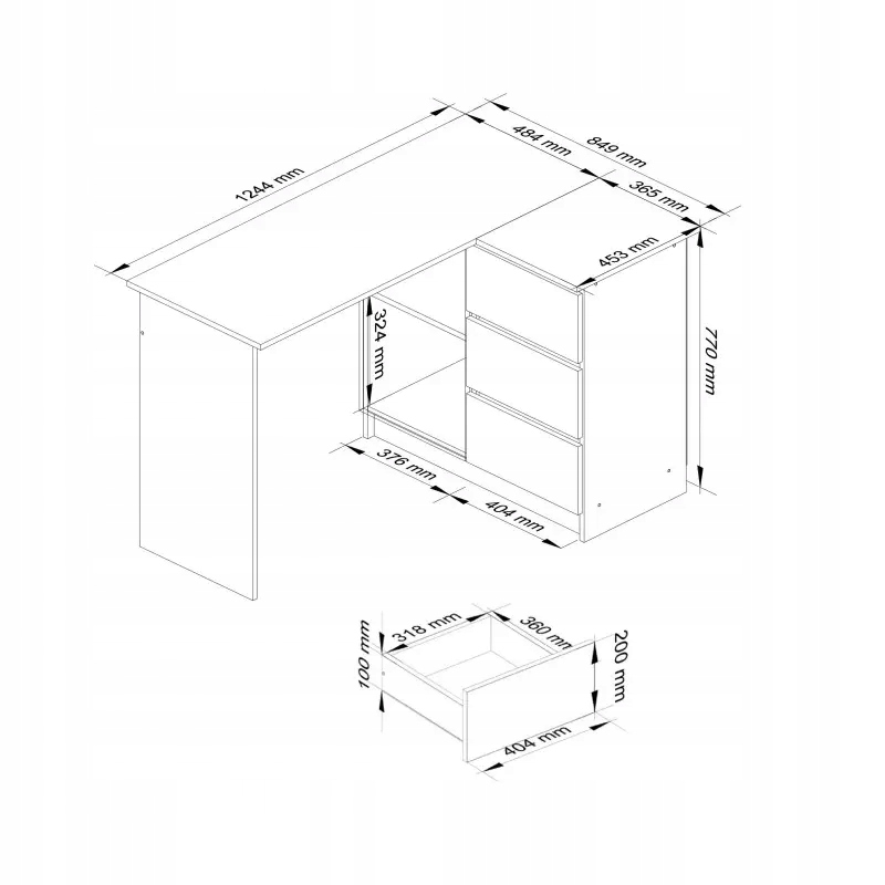 Biurko narożne B16 124 cm szkolne prawe 3 szuflady 2 półki stolik Białe Kod producenta IP0P3SBIA001