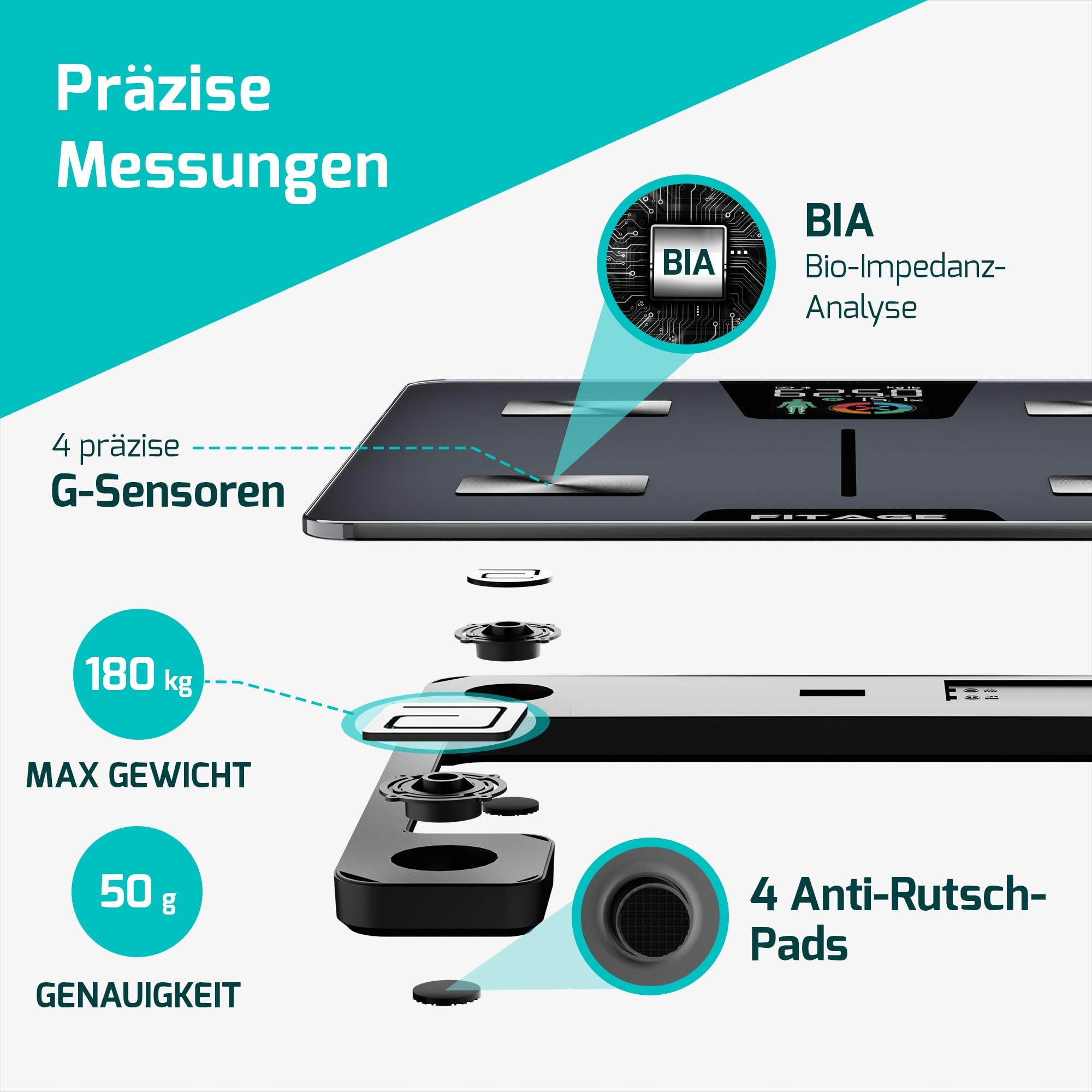 FITAGE Waga Cyfrowa Osobista 180kg Analiza Ciała Aplikacja LCD — miniatura 4
