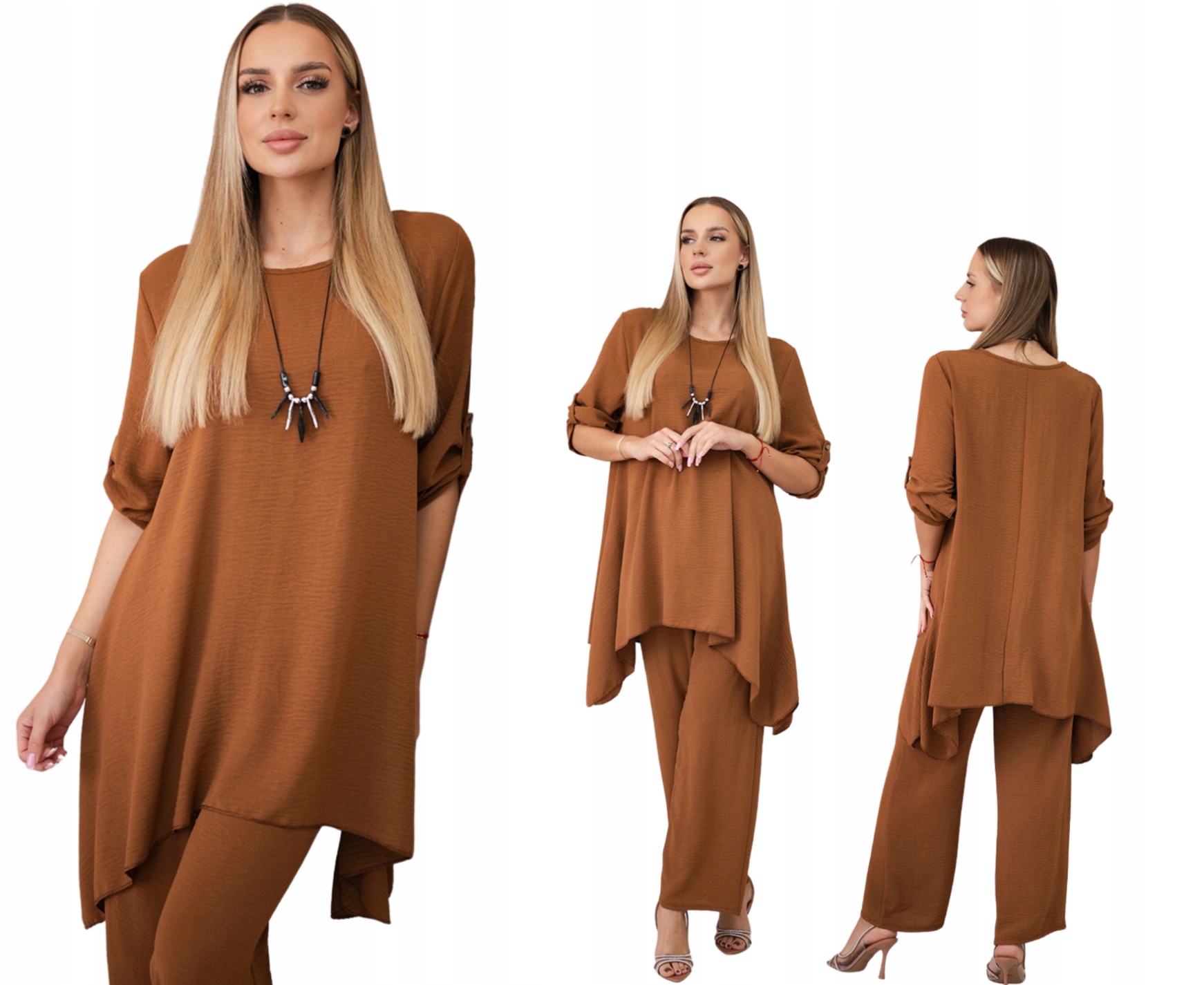 Ciemny camelowy komplet damski z naszyjnikiem: Tunika i luźne spodnie