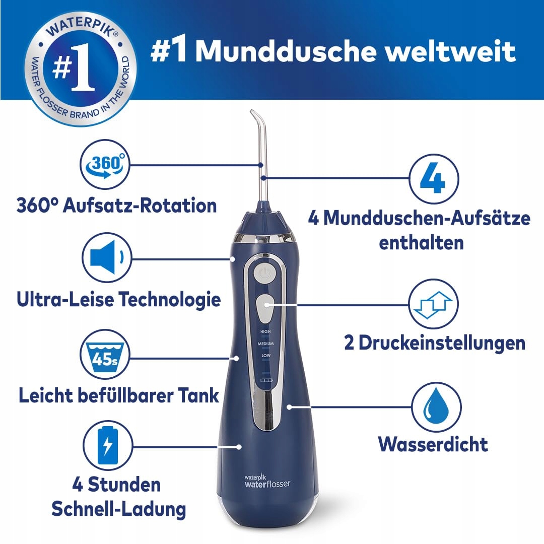 WATERPIK Bezprzewodowy Irygator Do Zębów 4 Końcówki 3 Ustawienia Niebieski — miniatura 2