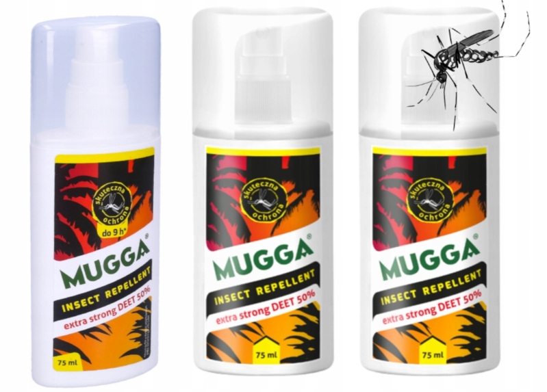3x Mugga spray 50% Środek na komary kleszcze 75ml Deet Odstraszacz Czerwona