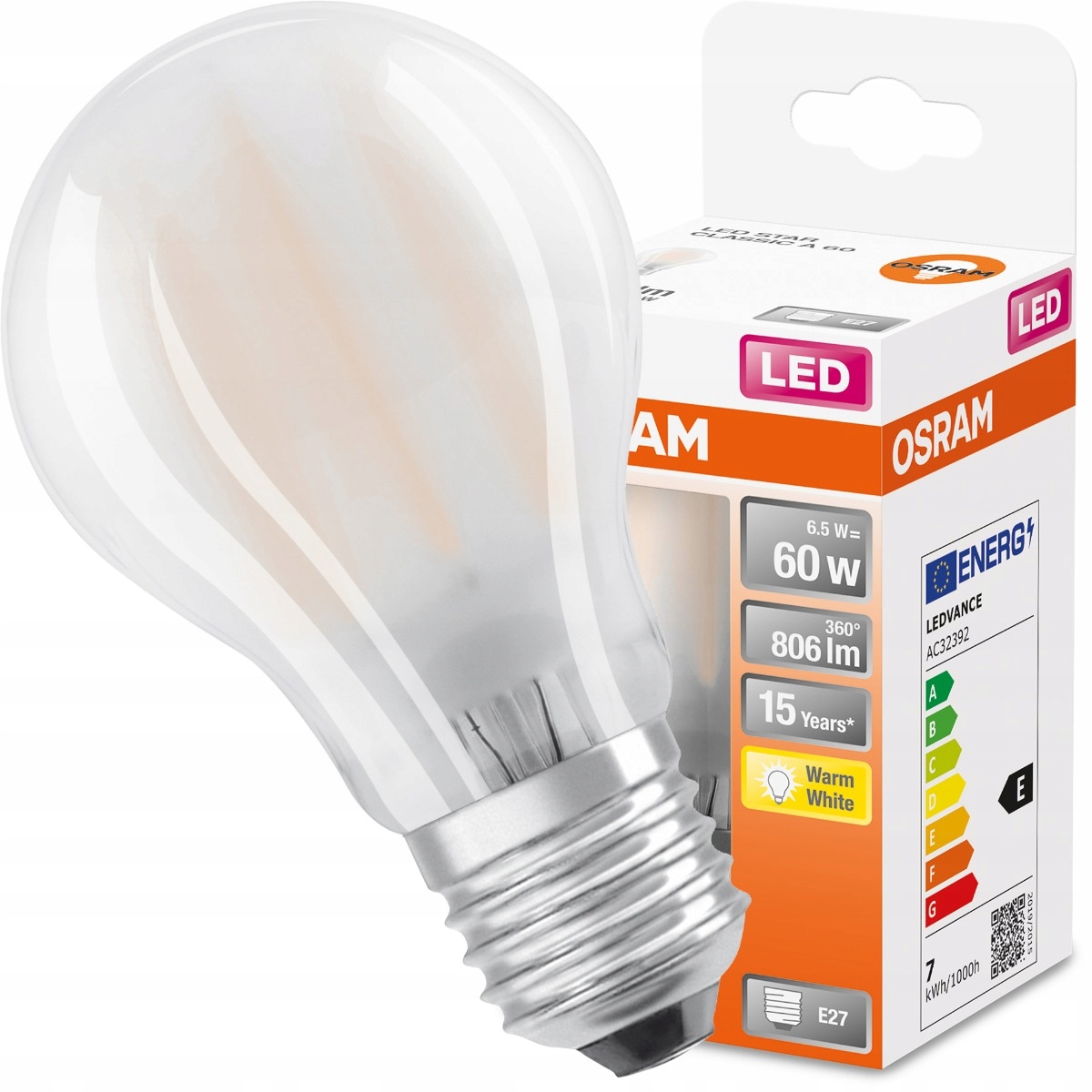 

Żarówka Led E27 A60 6,5W 60W 2700K Filament Osram