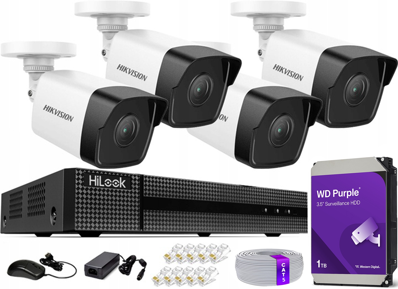 Zestaw Monitoringu Ip 4 Kamery PoE IR30M Hikvision Rejestrator PoE 1TB