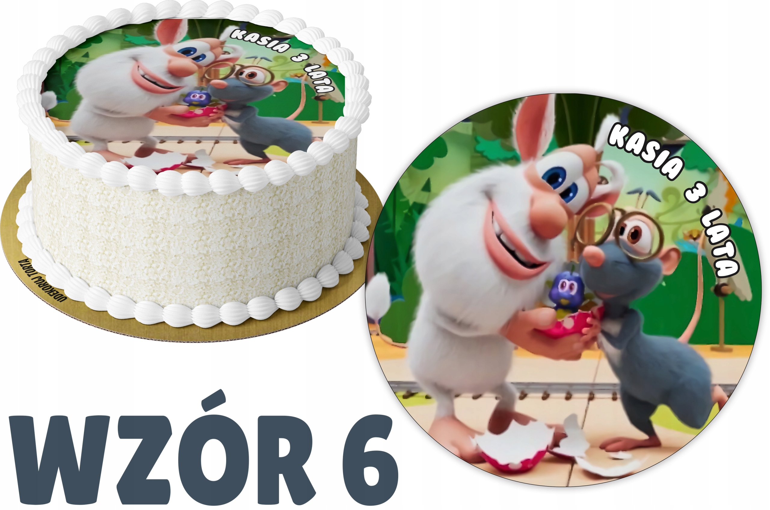 Opłatek na tort urodzinowy z BOOBA z Imieniem i Wiekiem Dziecka Kolor wielokolorowy