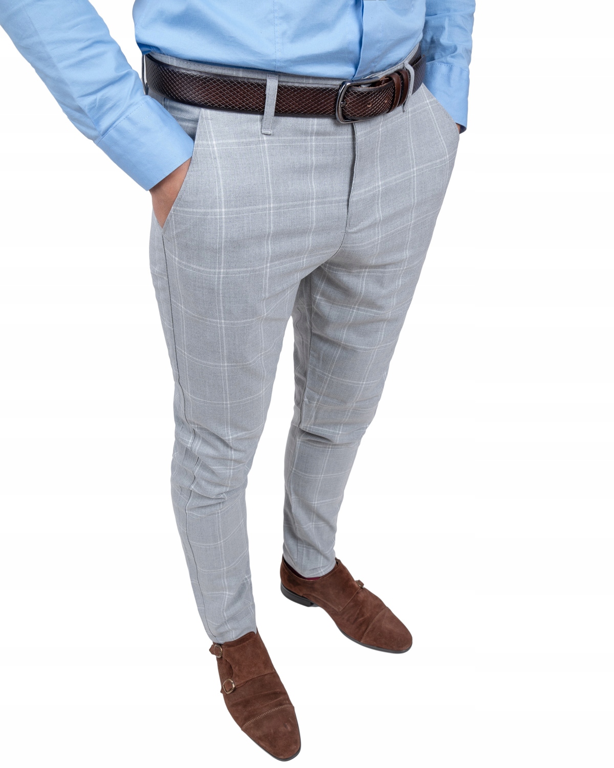 Eleganckie Spodnie w Kratę Męskie - Jasne Szare - 40 Rozmiar 40