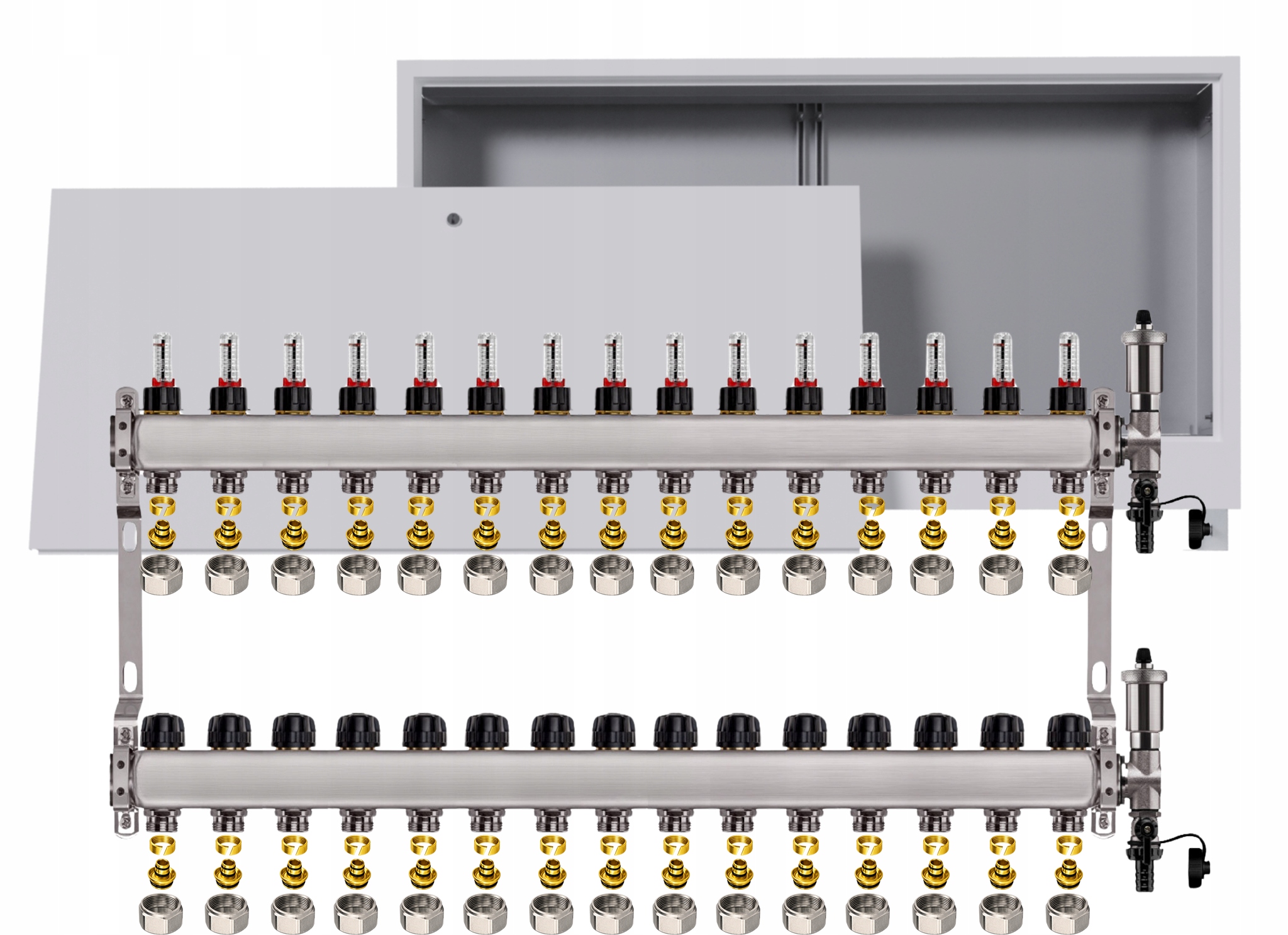 Nerezový rozdělovač pro podlahovku 15 okruhů s podomítkovou schránkou Pex