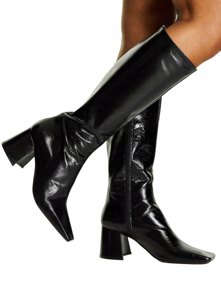 Topshp Kozačky Černé Na Špalku Kožené Lakované 38 Ks 38