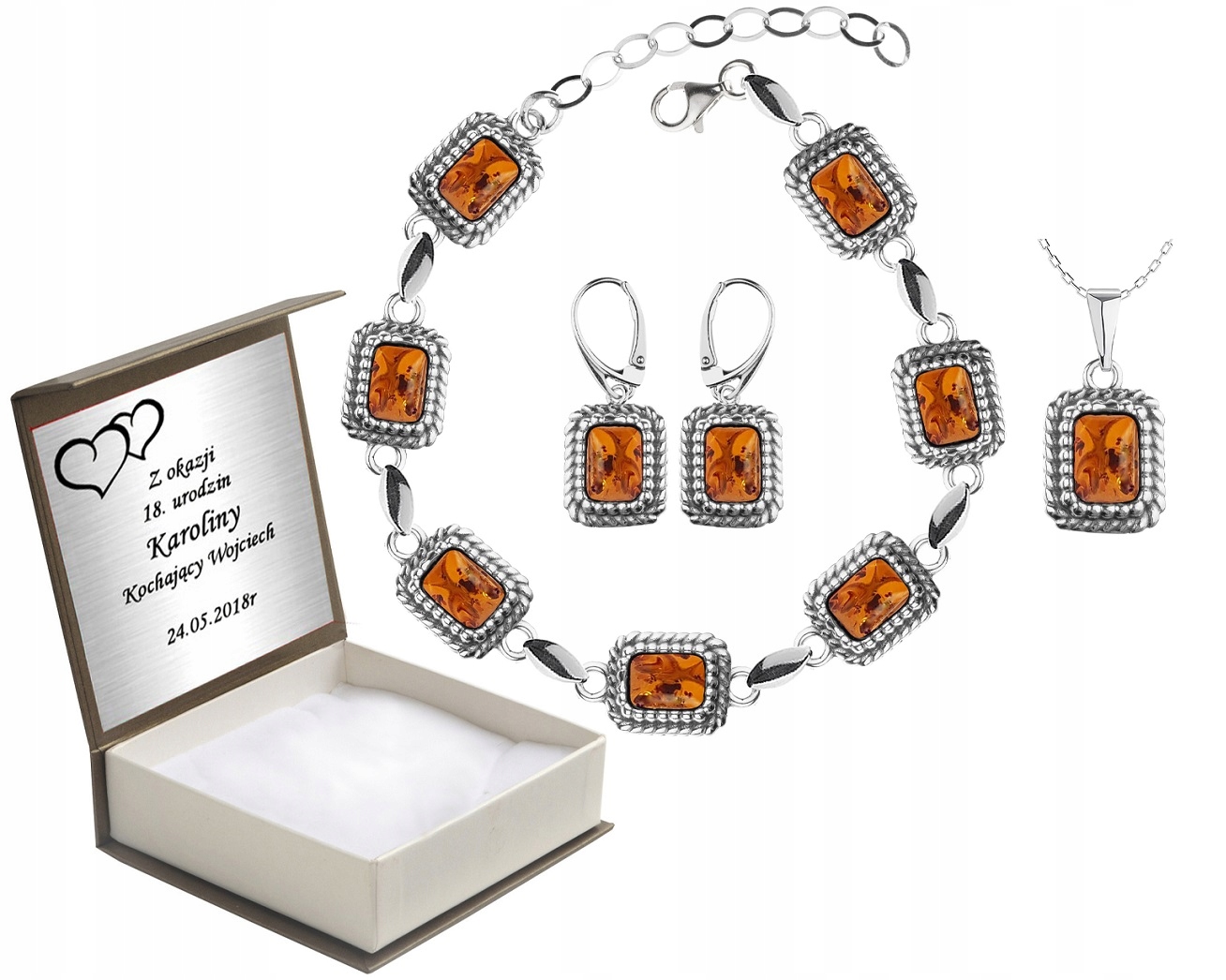 

Komplet Srebrnej Biżuterii Z Bursztynami + Grawer
