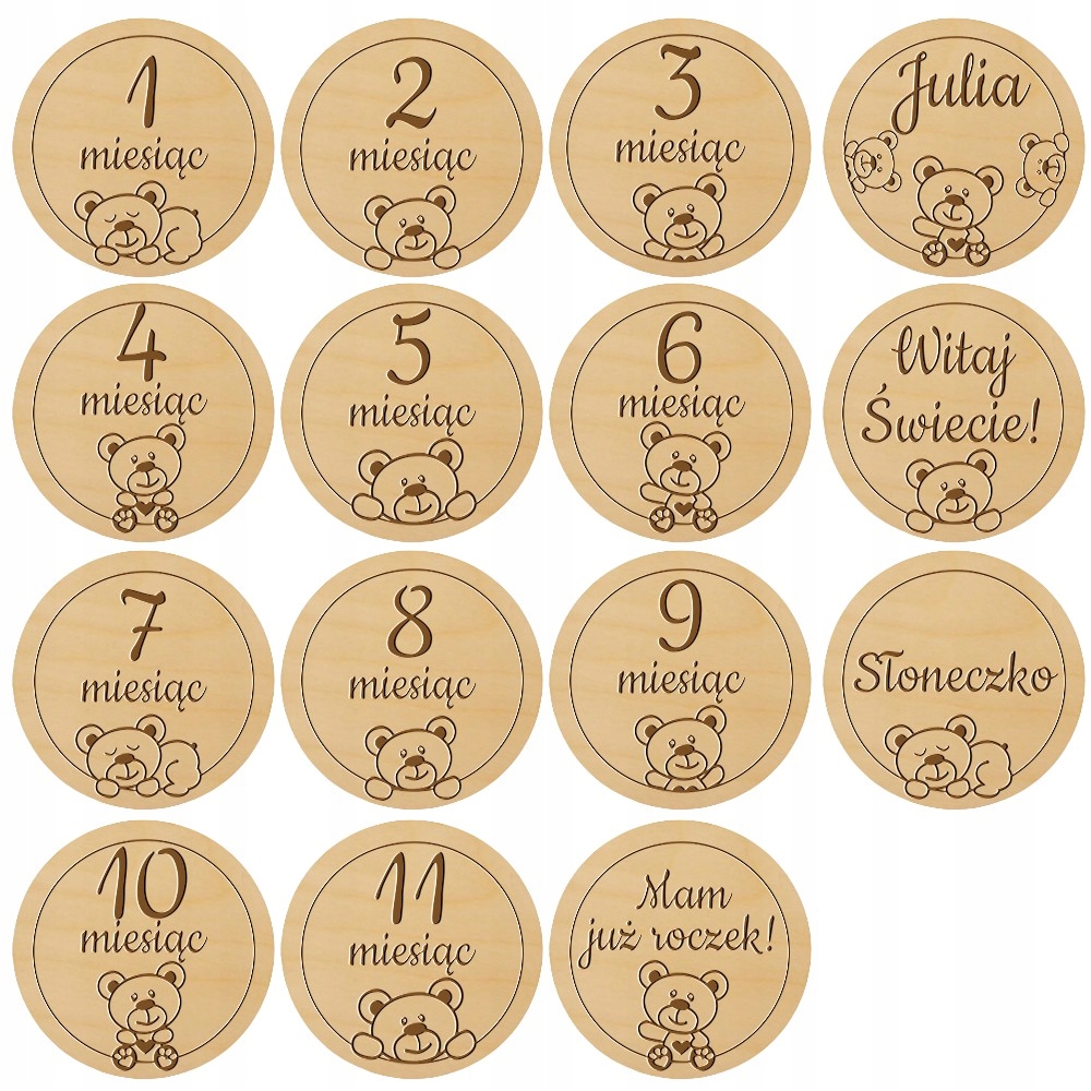 Drewniane Tabliczki z Miesiącami do Zdjęć Dziecka Pierwszy Rok Misie EAN (GTIN) 5906546560877
