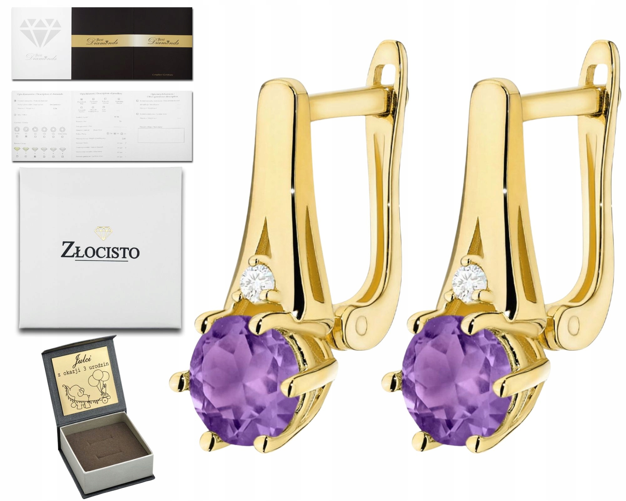 Zlaté Náušnice Přírodní Kámen Ametyst Brilianty Zlato 585 Jako Dárek