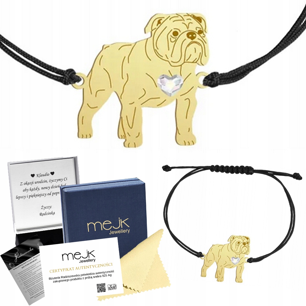 Zlatý náramek se psem Anglický buldoček 925 Šňůrka Šperky Gravírování