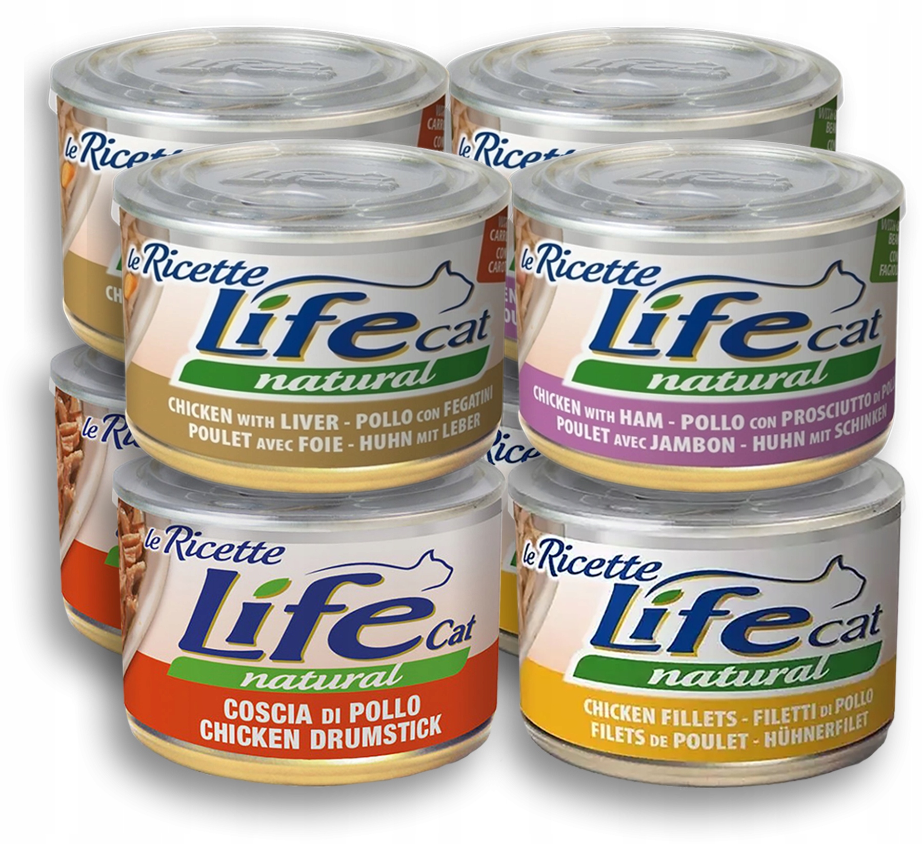 Levně Life Cat La Ricette pro kočky konzerva 150 g 8 ks MIX 4 příchutí bez ryb