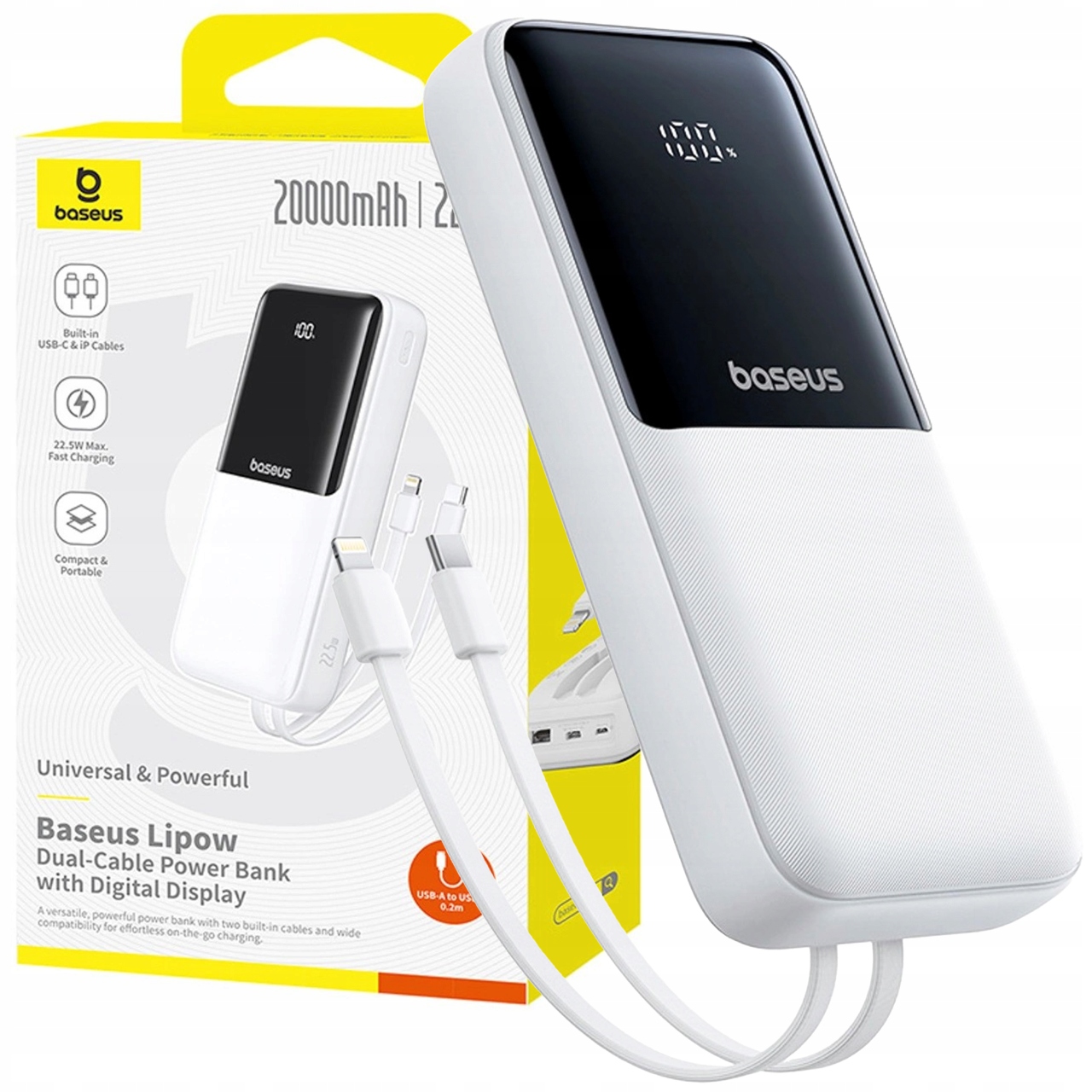 Baseus Powerbanka 20000 mAh 22.5W Usb-c Usb Vestavěné Kabely Usb-c Lightning