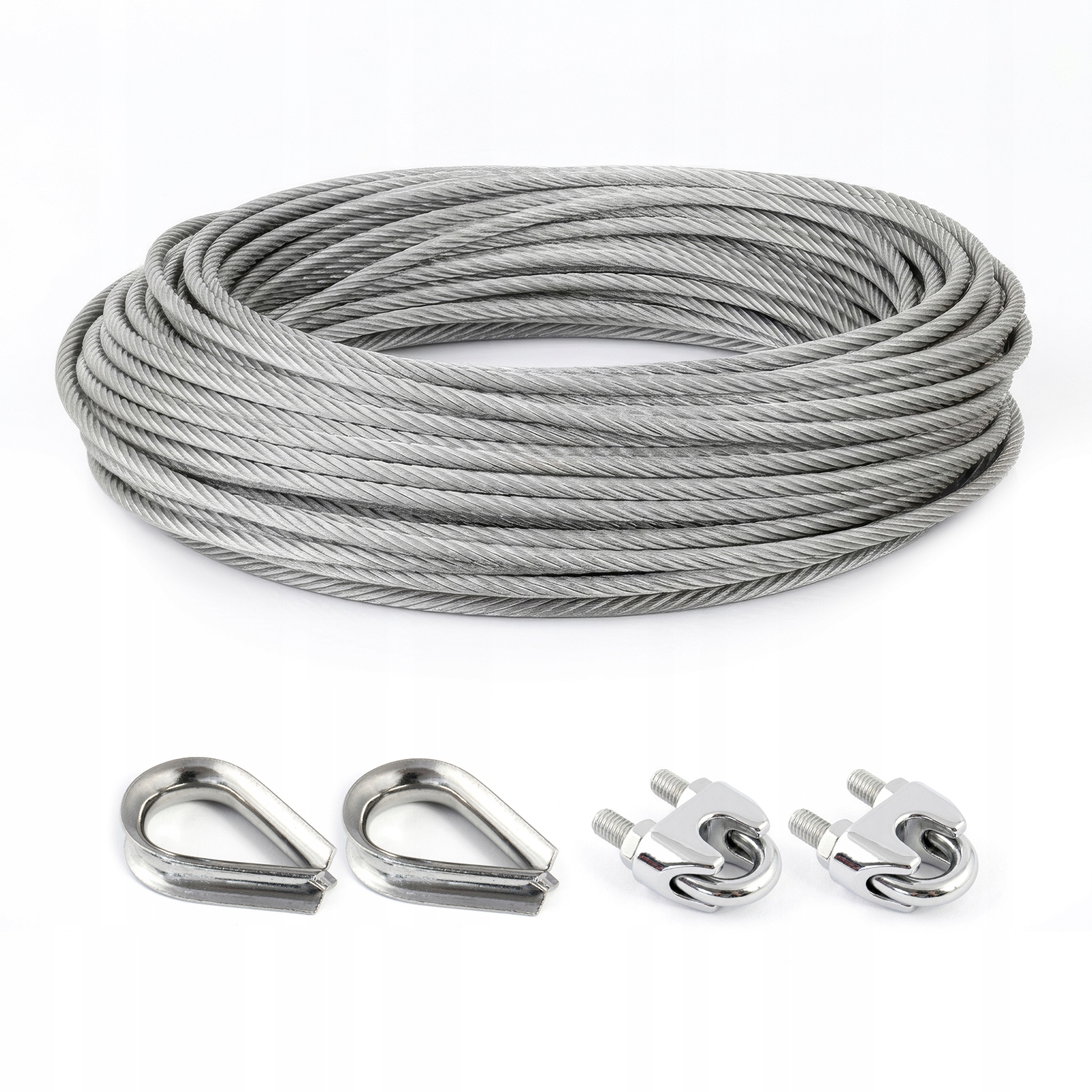 Zestaw lina stalowa nierdzewna 6mm 7x19 20m 2x kausze 6mm 2x zaciski 6mm
