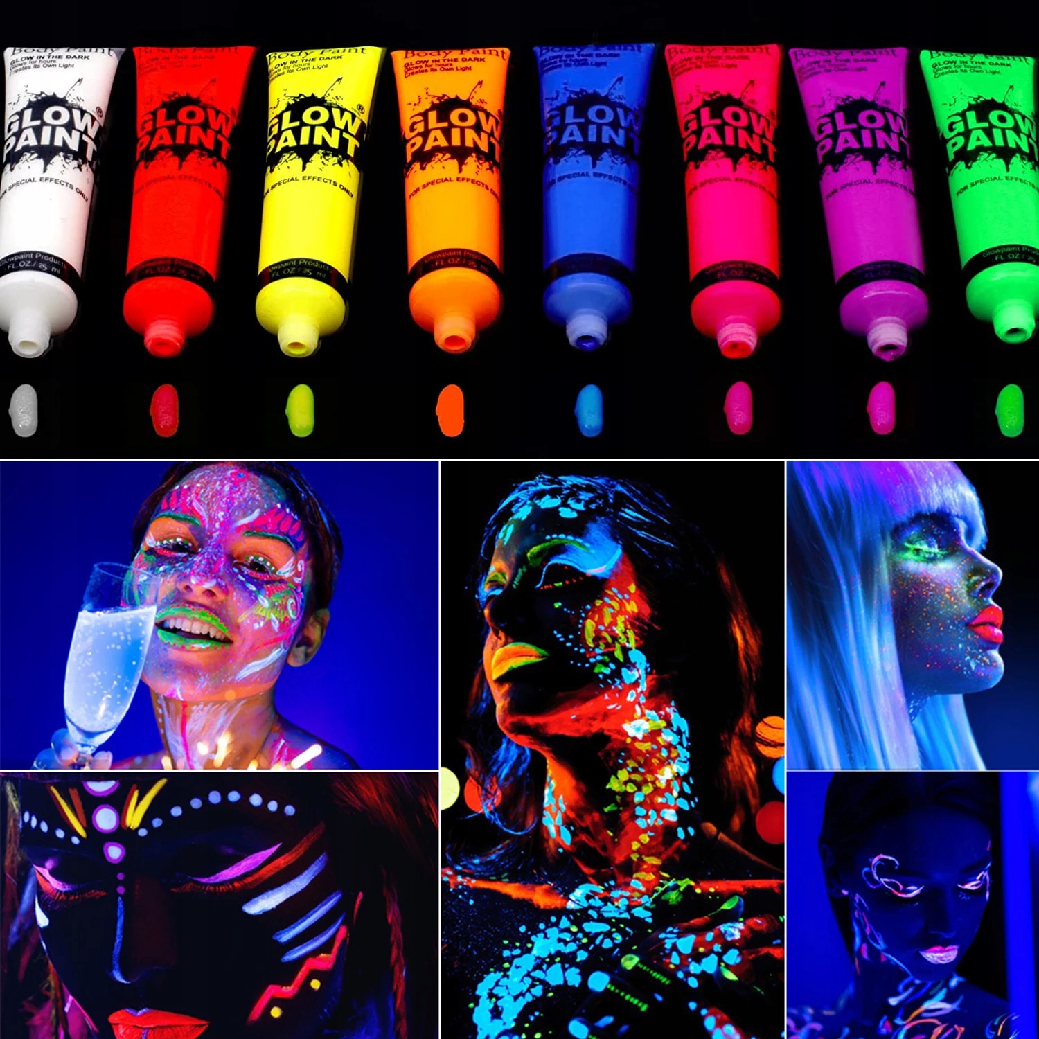 FARBY DO MALOWANIA TWARZY CIAŁA ULTRAFIOLECIE ŚWIECĄCE ZESTAW W UV 8X10ML Model Frabki świecące w świetle ultrafioletowym