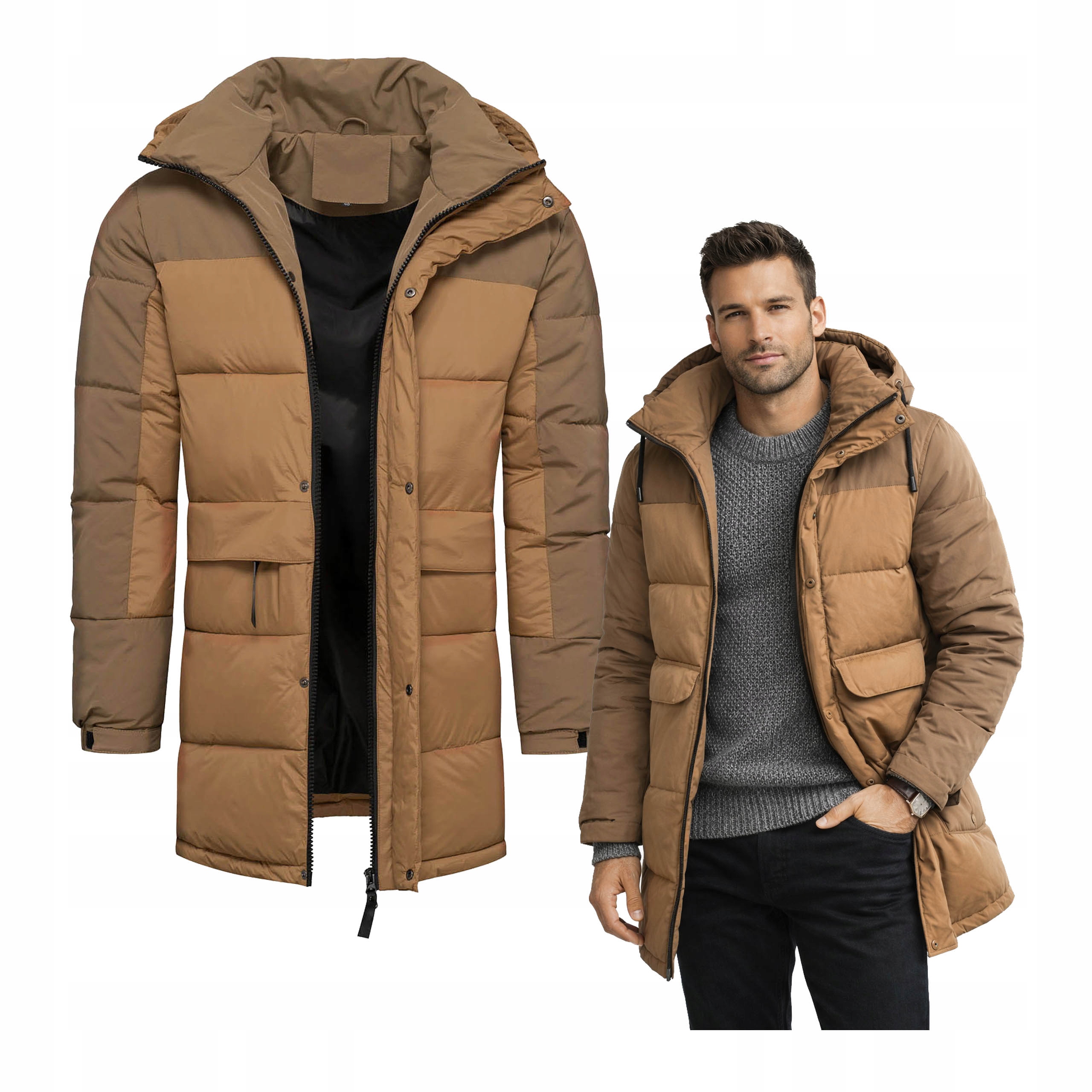 Pánská zateplená parka bunda béžová s kapucí S