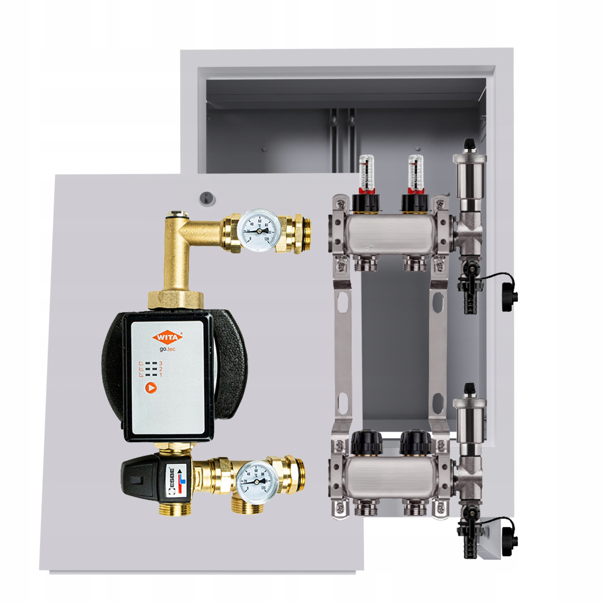 Nerezový rozdeľovač na podlahu, 2 okruhy s čerpadlom Wita krabica