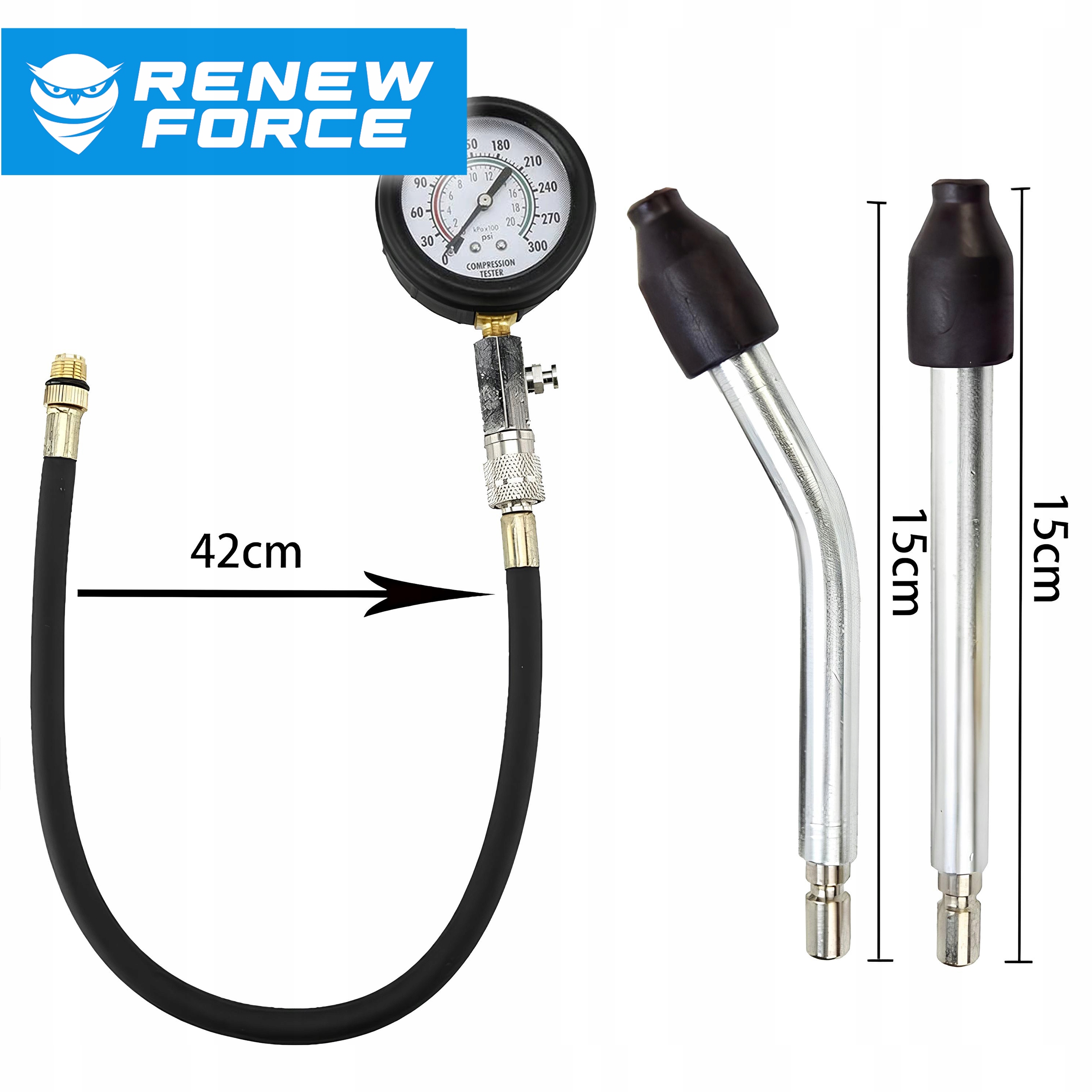 RENEW FORCE benzininio variklio kompresijos testeris su adapteriais – nuotrauka 3