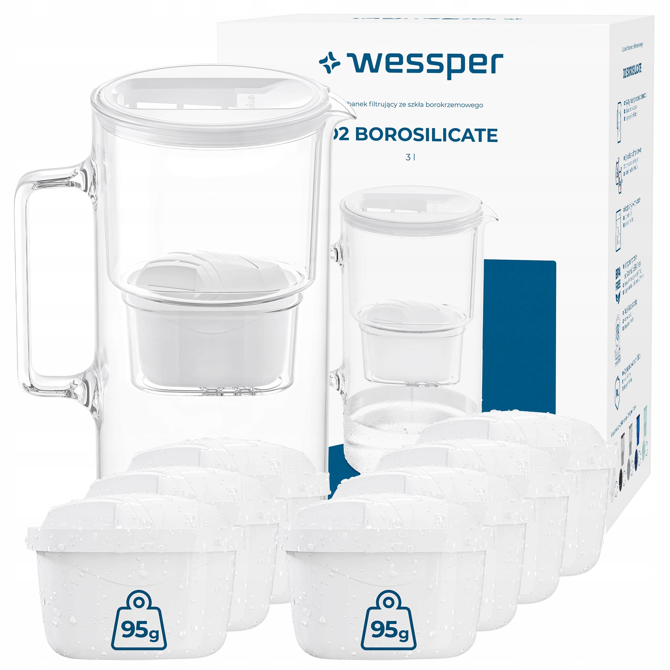 Filtrační konvice skleněná Wessper D2 Borosilicate 3l bílá 8x filtr