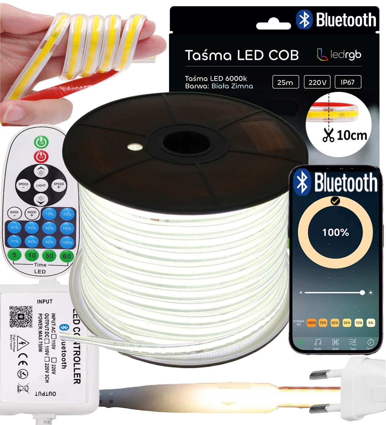 Zestaw Taśma Led Cob 25m 230V Biała Zimna 6000K Cięta Co 10CM Bluetooth