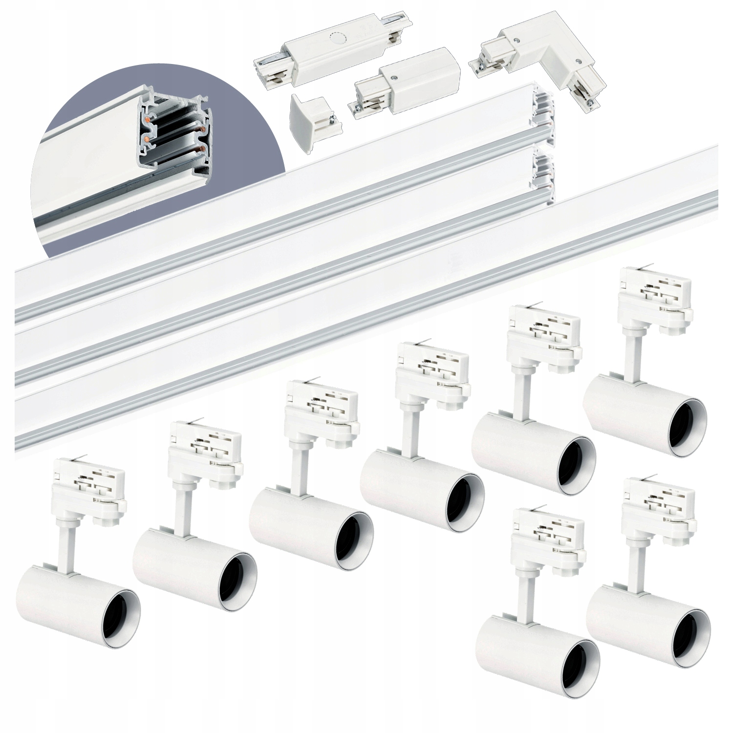 3-fázová kolejnicová sada 1m+1m+2m, 8x lampa, spojka I L Bílá