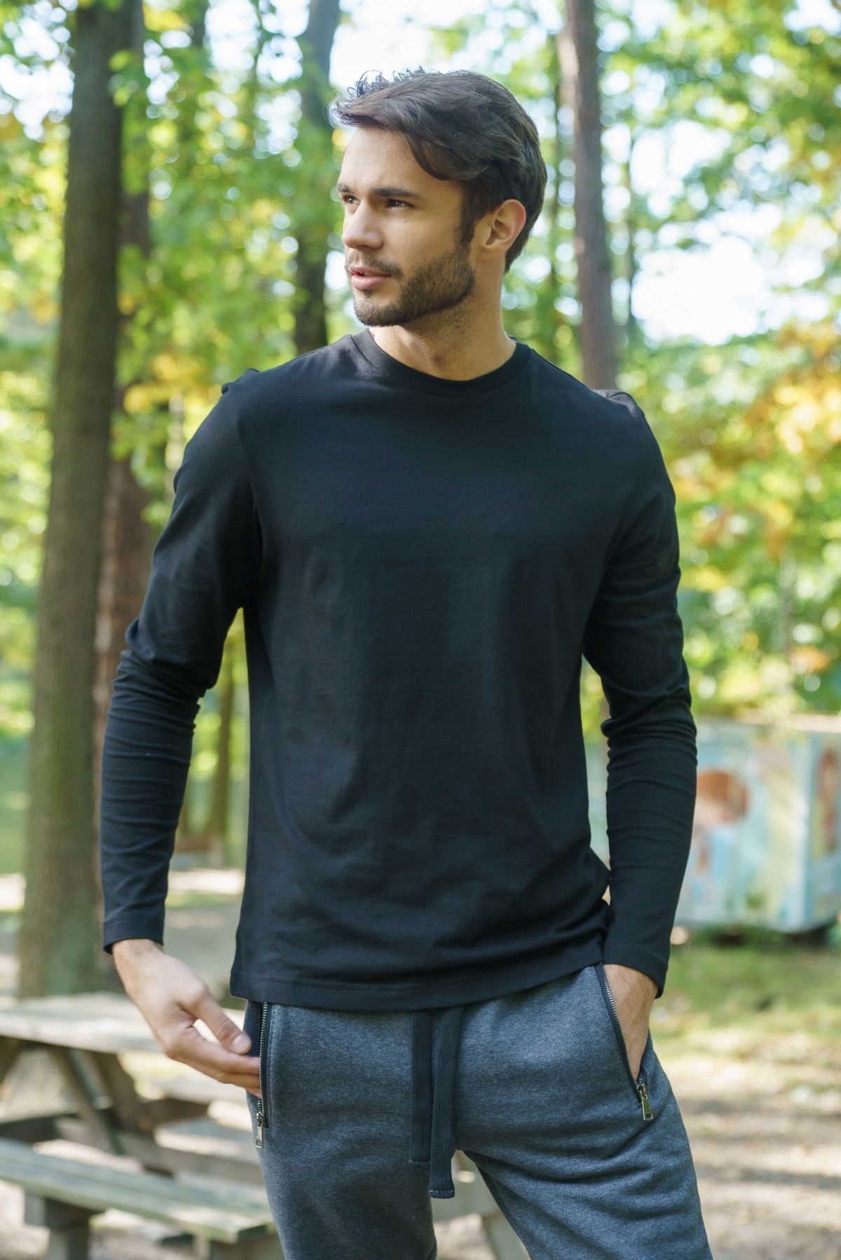 

T-shirt męski z długim rękawem czarny bawełna