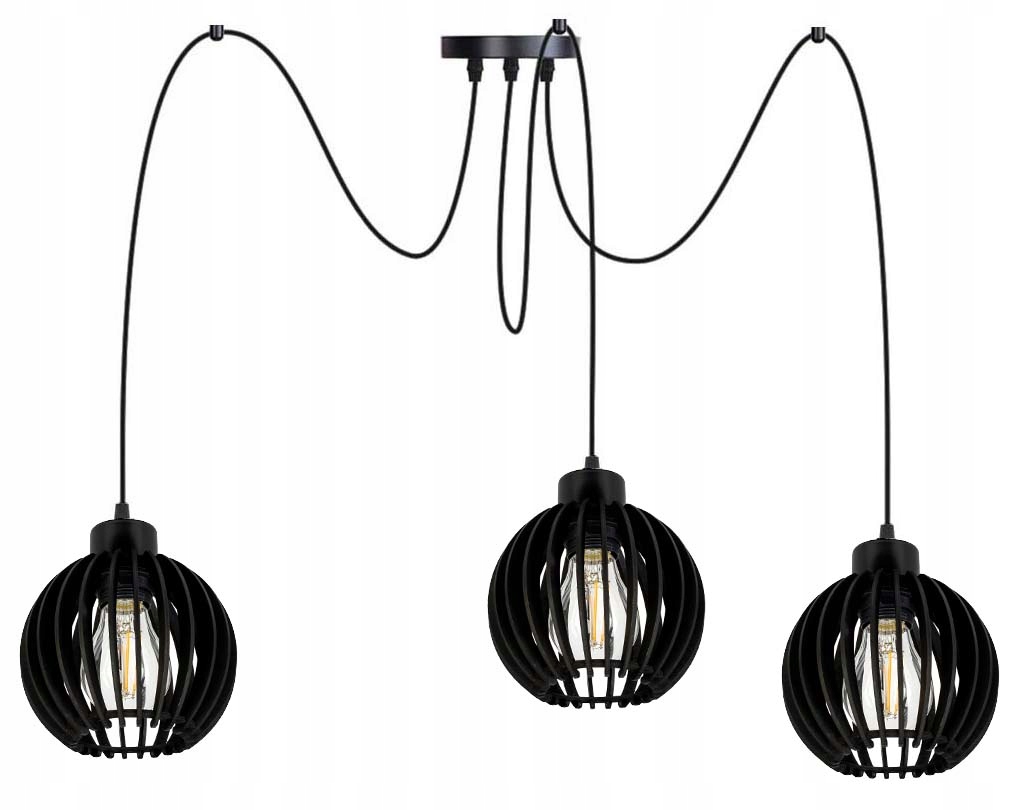Černá závěsná stropní lampa Zwis Loft stínidlo dřevo 3x E27 Pavouk černá
